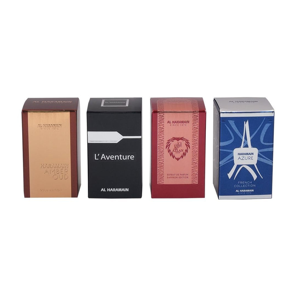 Al Haramain Fragrance Discovery Set for Men & Women – 4×10ml Gift Set (Amber Oud Gold Edition, L’Aventure, Azlan Oud Saffron, Azure)