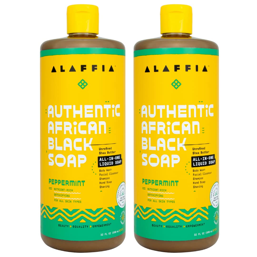 Alaffia African Black Soap Liquid Peppermint (32 oz) + Eucalyptus Tea Tree (2 oz) – All-in-One Cleanser for Face, Hands, Body & Hair