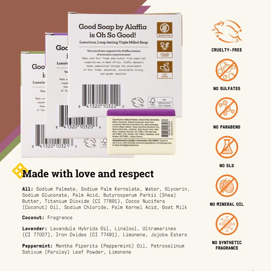 Alaffia Good Soap 3-Pack (Lavender, Peppermint & Coconut) – Long-Lasting, Triple-Milled with Fair Trade Shea Butter
