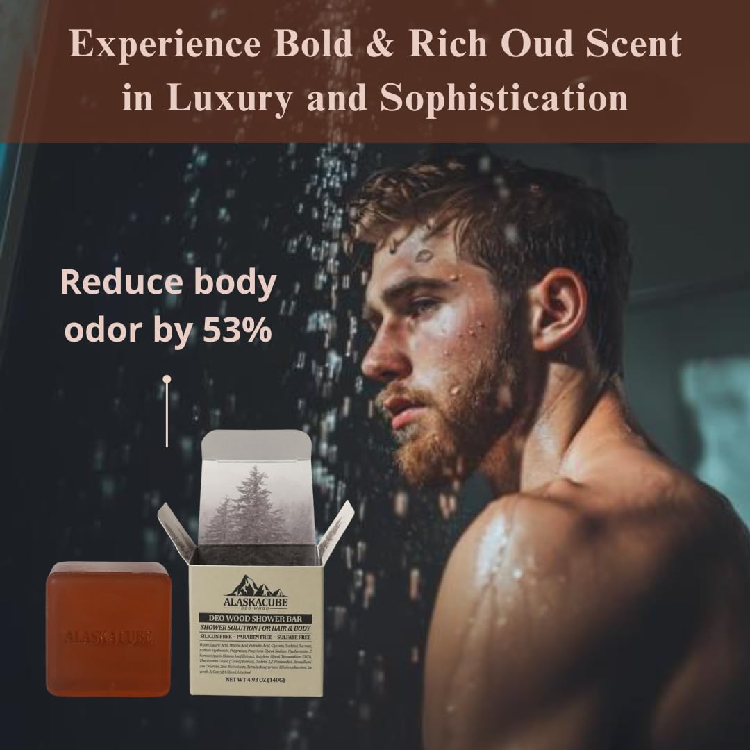 Alaskacube Deo Wood Shower Bar – 3-in-1 Luxury Sandalwood Body Wash, Shampoo & Deodorant