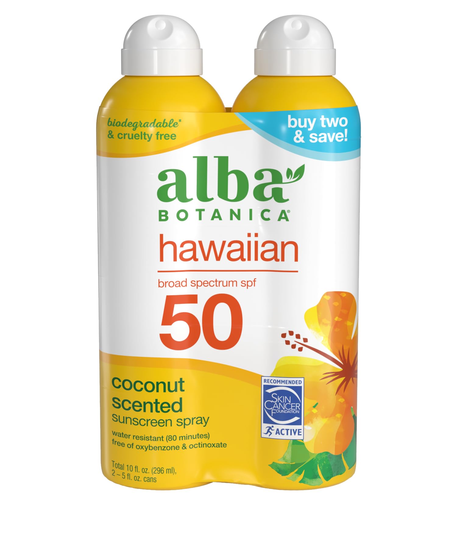 Alba Botanica Hawaiian Coconut Sunscreen Spray SPF 50, Water Resistant & Biodegradable (Pack of 2)