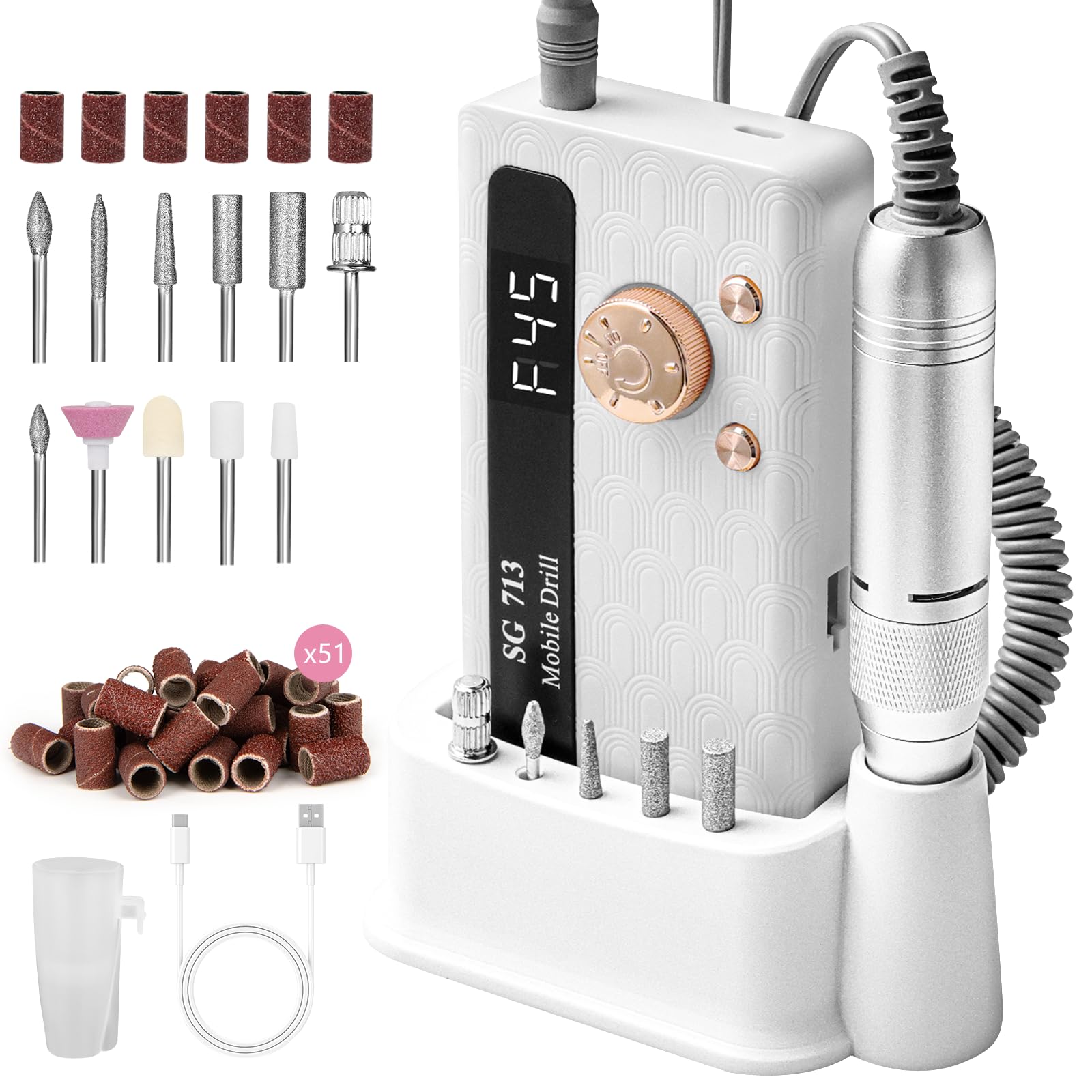 Aleanu Electric Nail File Professional Kit – 45,000 RPM Cordless Nail Drill with LED Screen & 11 Bits