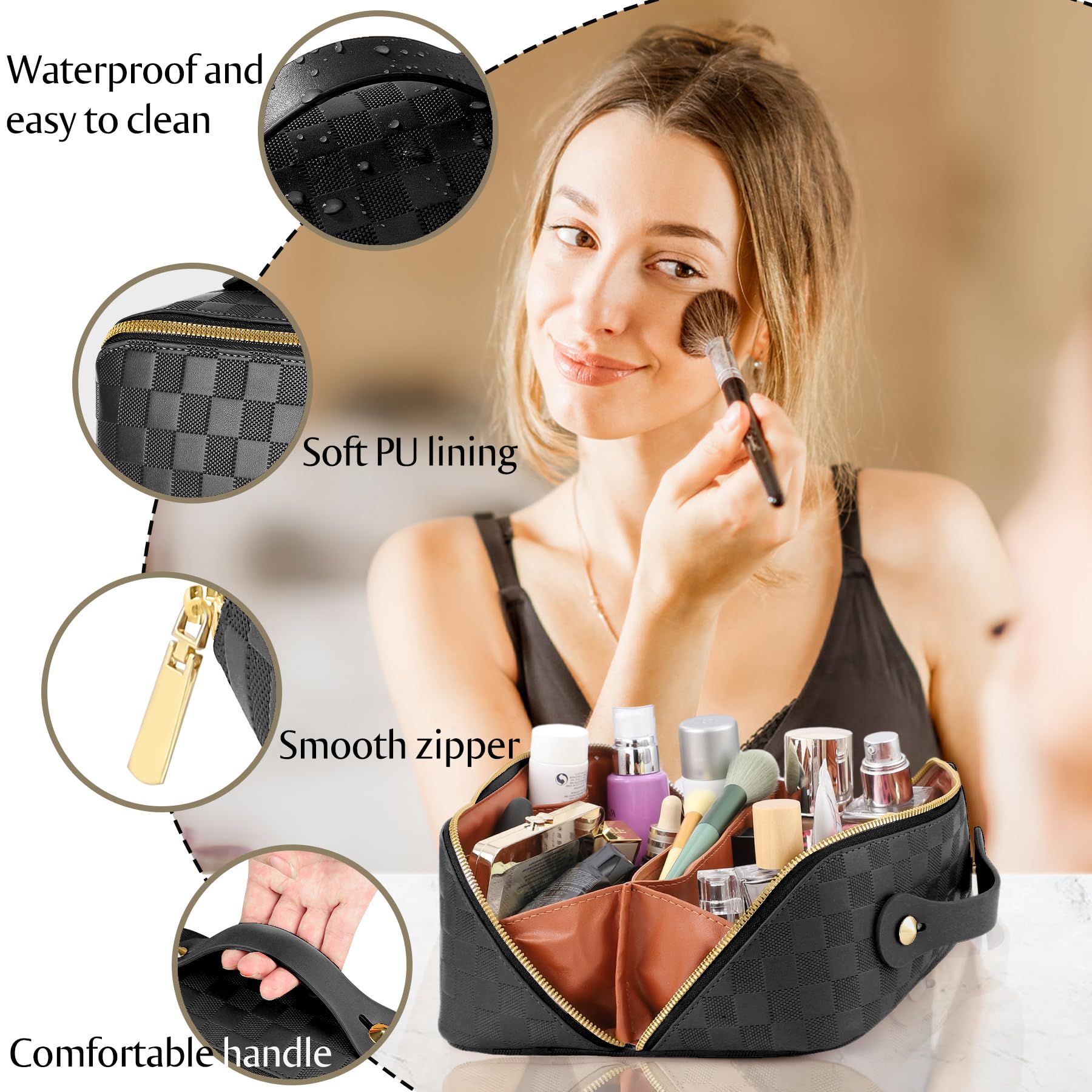 ALEXTINA Large Capacity Travel Cosmetic Bag – Waterproof Leather Organizer for Women