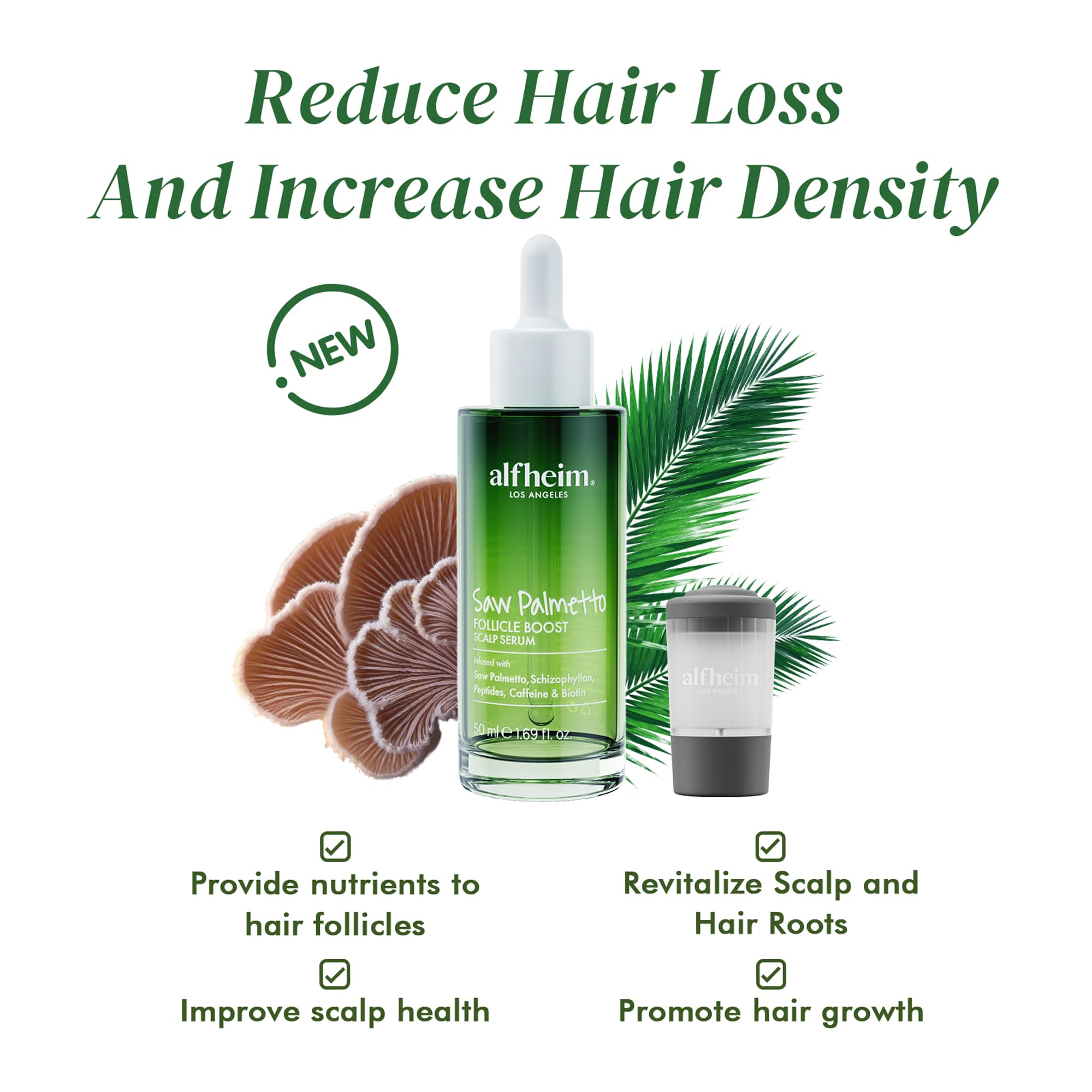 ALFHEIM Saw Palmetto Scalp Serum for Thicker Hair – Caffeine, Biotin, 1.69 fl oz + Serum Applicator