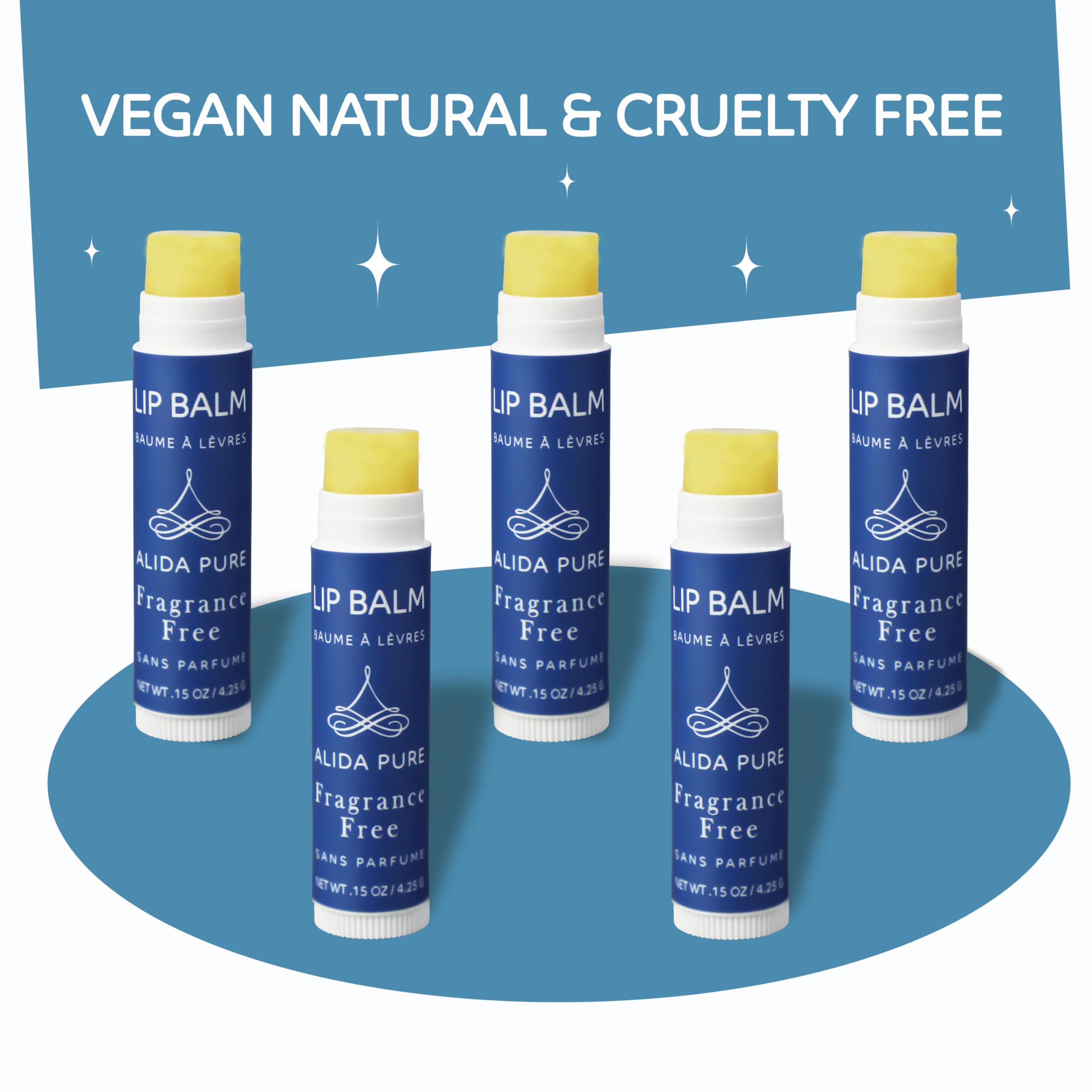 ALIDA PURE Fragrance Free Lip Balm Set – 5 Vegan Tubes, Beeswax Free, Jojoba & Avocado Oils