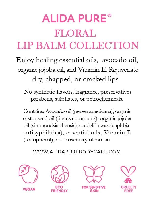 ALIDA PURE Floral Lip Balm Collection – Vegan, Beeswax Free, 3-Tube Set