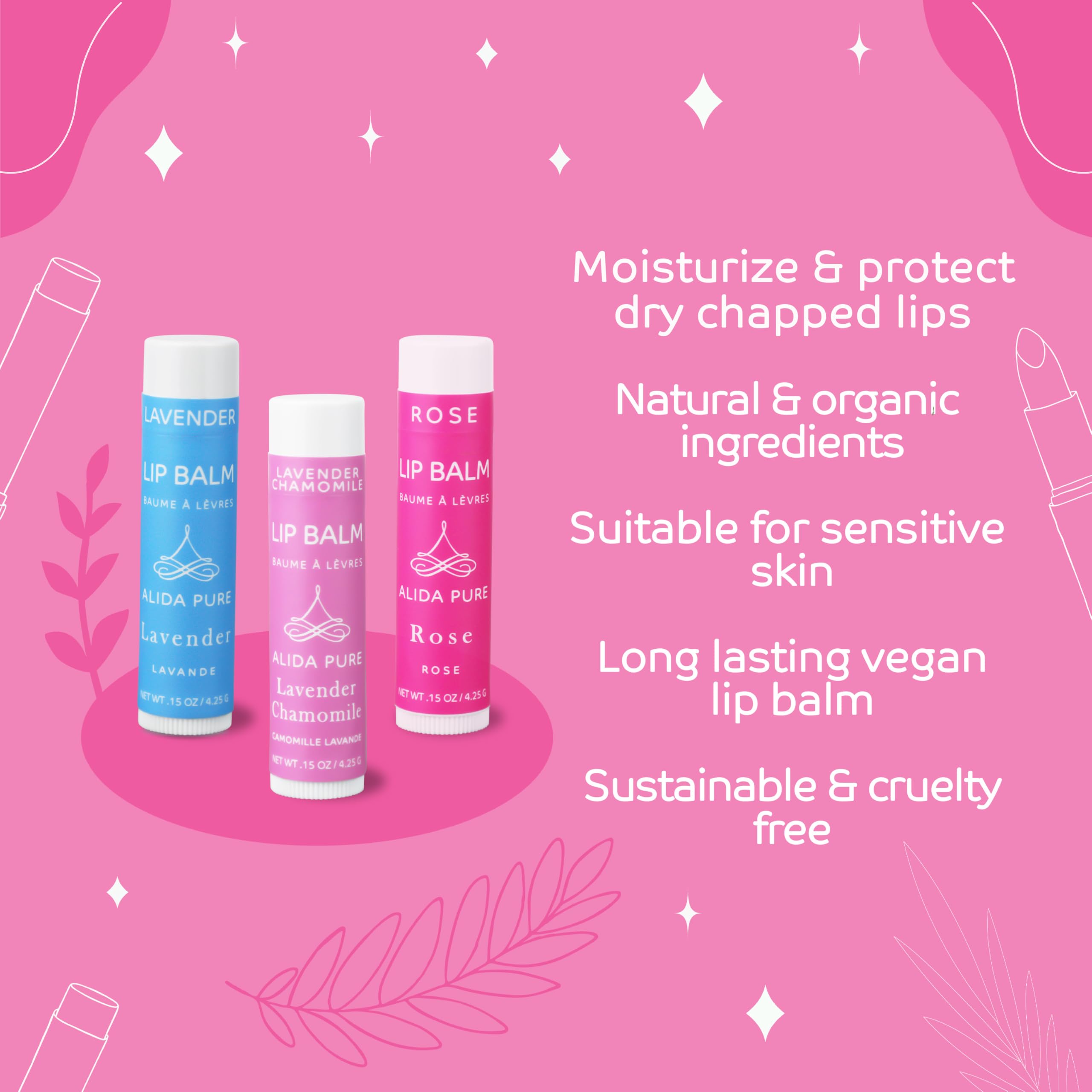 ALIDA PURE Floral Lip Balm Collection – Vegan, Beeswax Free, 3-Tube Set