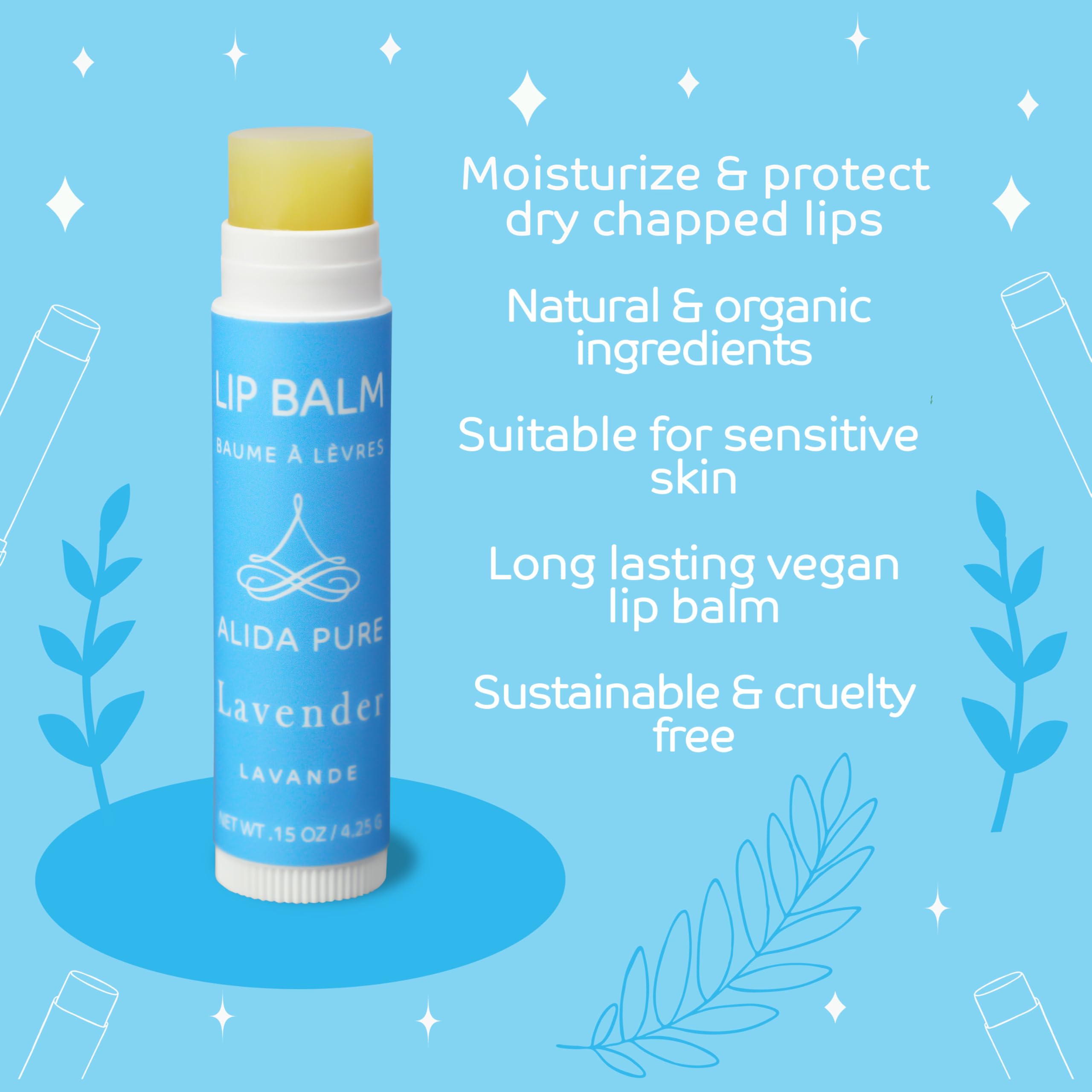 ALIDA PURE Lavender Lip Balm Set – Vegan, Cruelty-Free, Beeswax-Free (3 x 0.15 oz tubes)