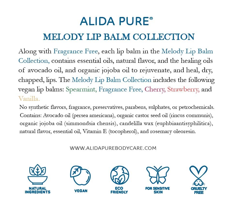 ALIDA PURE Melody Lip Balm Collection — Vegan, Beeswax Free, 5-Tube Set with Jojoba, Avocado & Vitamin E