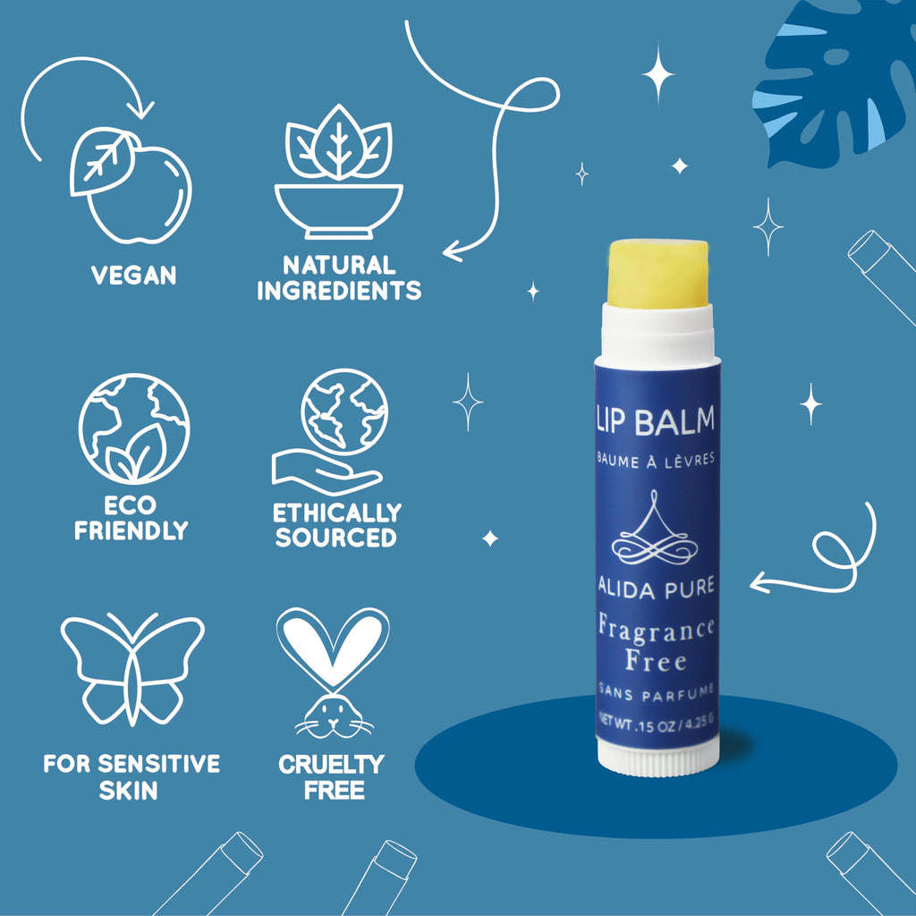 ALIDA PURE Fragrance Free Lip Balm Set – 5 Vegan Tubes, Beeswax Free, Jojoba & Avocado Oils