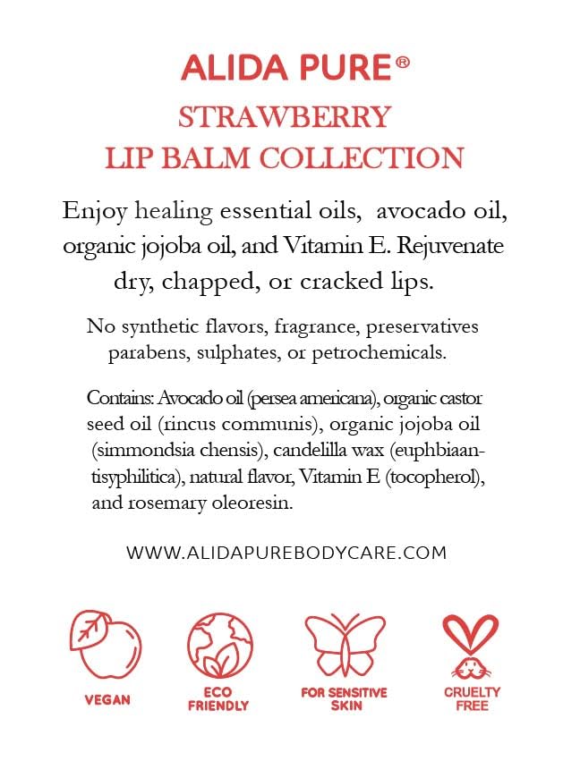 ALIDA PURE Strawberry Lip Balm Collection – Vegan, Beeswax-Free, 3 Tubes