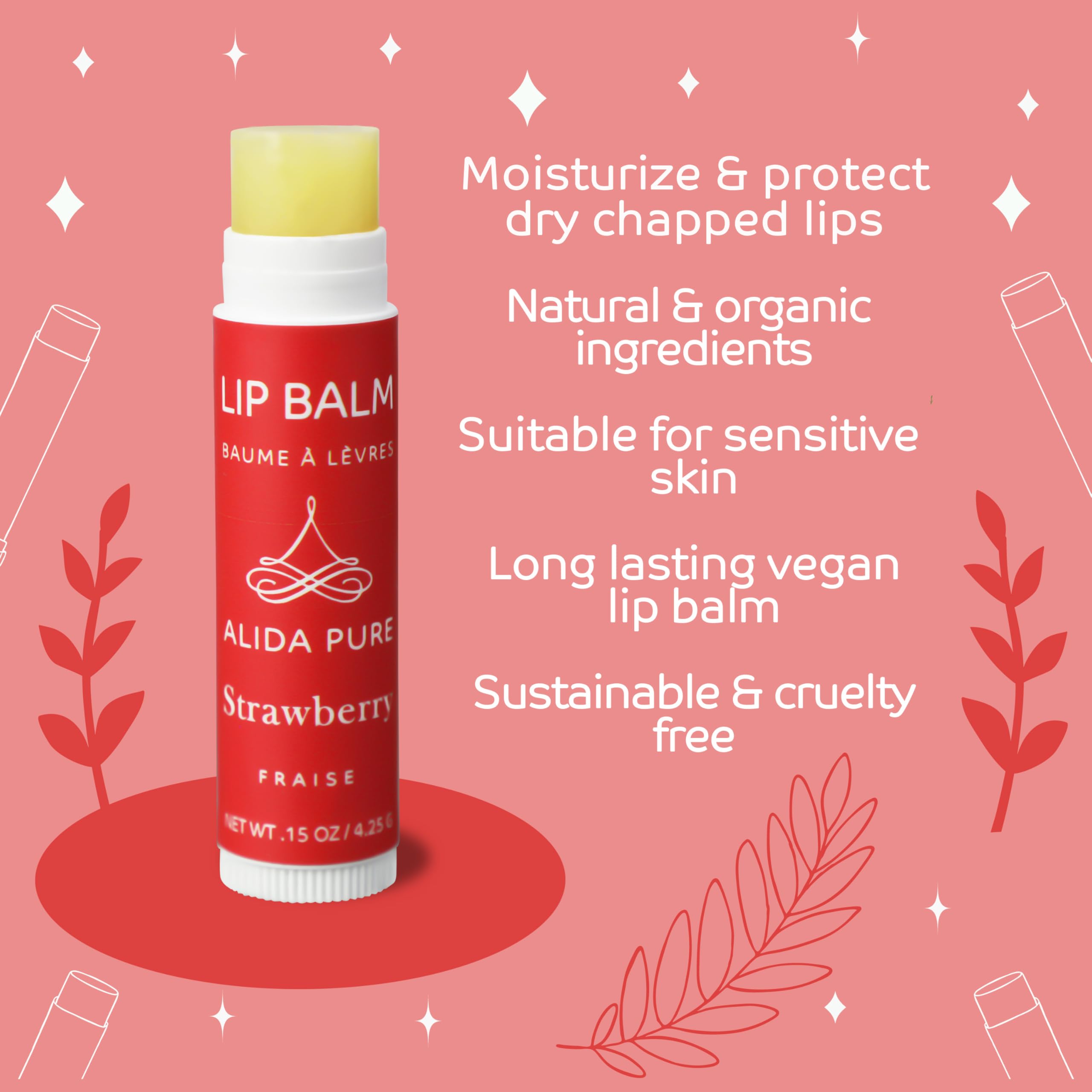 ALIDA PURE Strawberry Lip Balm Collection – Vegan, Beeswax-Free, 3 Tubes