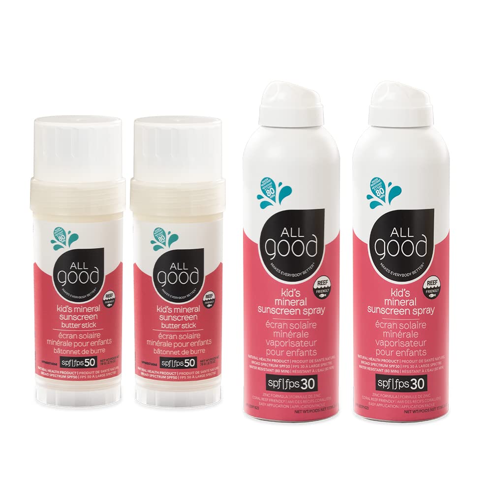 All Good Baby & Kids Mineral Sunscreen — SPF 50 Butter Sticks & SPF 30 Sprays | Reef-Friendly, Water-Resistant, Zinc Oxide