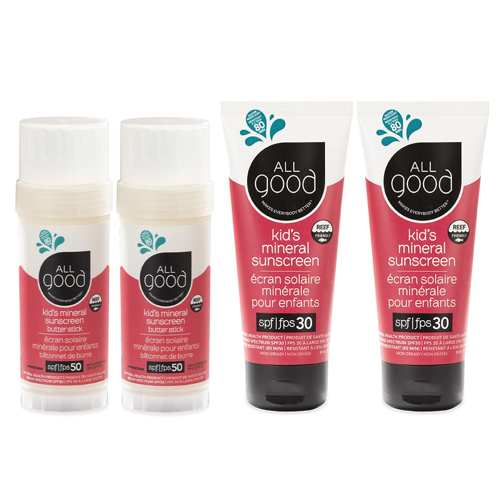 All Good Baby & Kids Mineral Sunscreen – (2) SPF50 Butter Sticks & (2) SPF30 Lotions | Reef-Friendly, Water-Resistant, Zinc Oxide