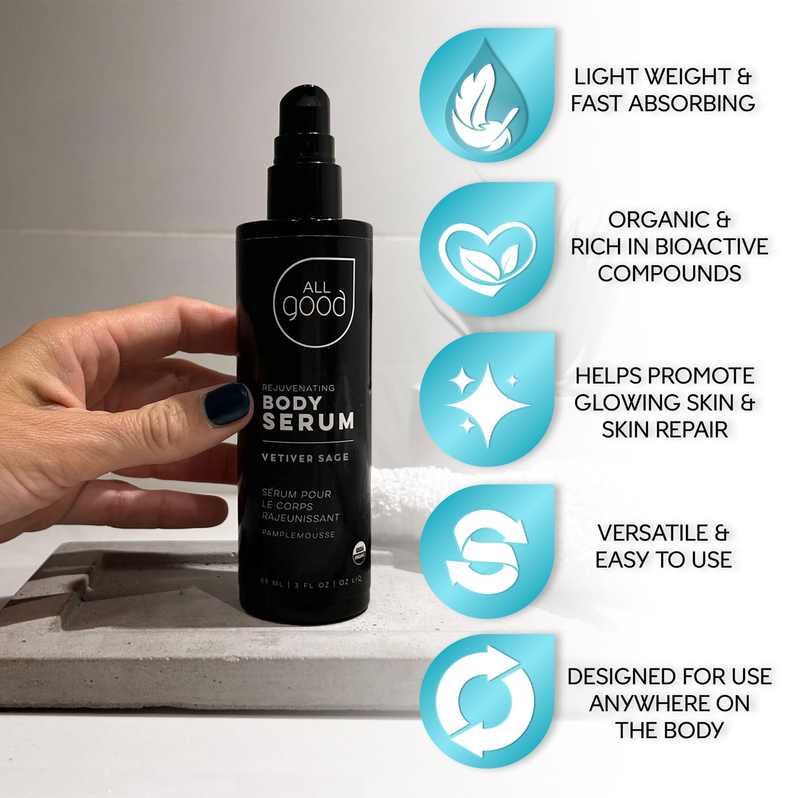 All Good Rejuvenating Body Serum – Calendula, Moringa & Sea Buckthorn | Lightweight Moisturizer 3oz | Made in USA (Clary Sage & Vetiver)