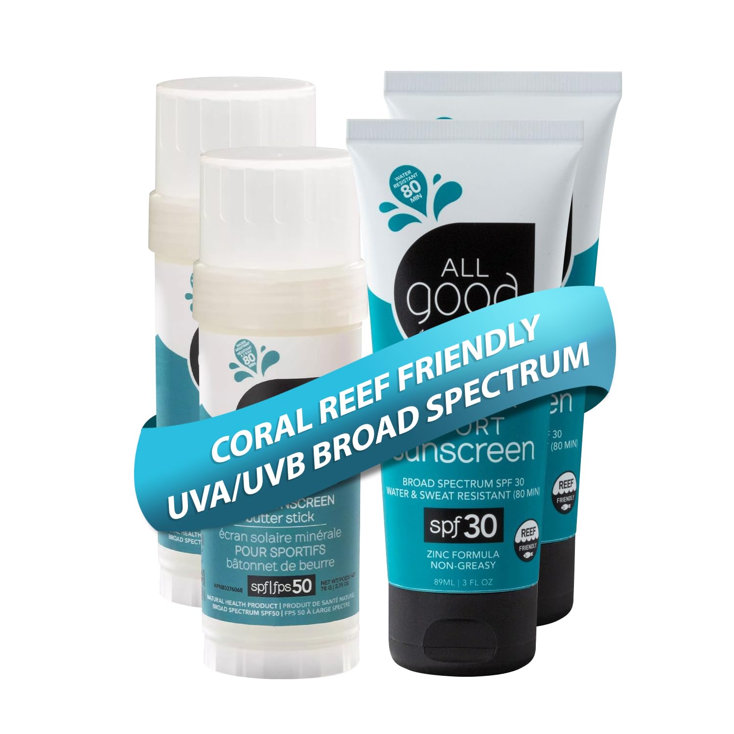 All Good Makes Everything Better – Sport Sunscreen Bundle: SPF 50 Butter Sticks + SPF 30 Lotions