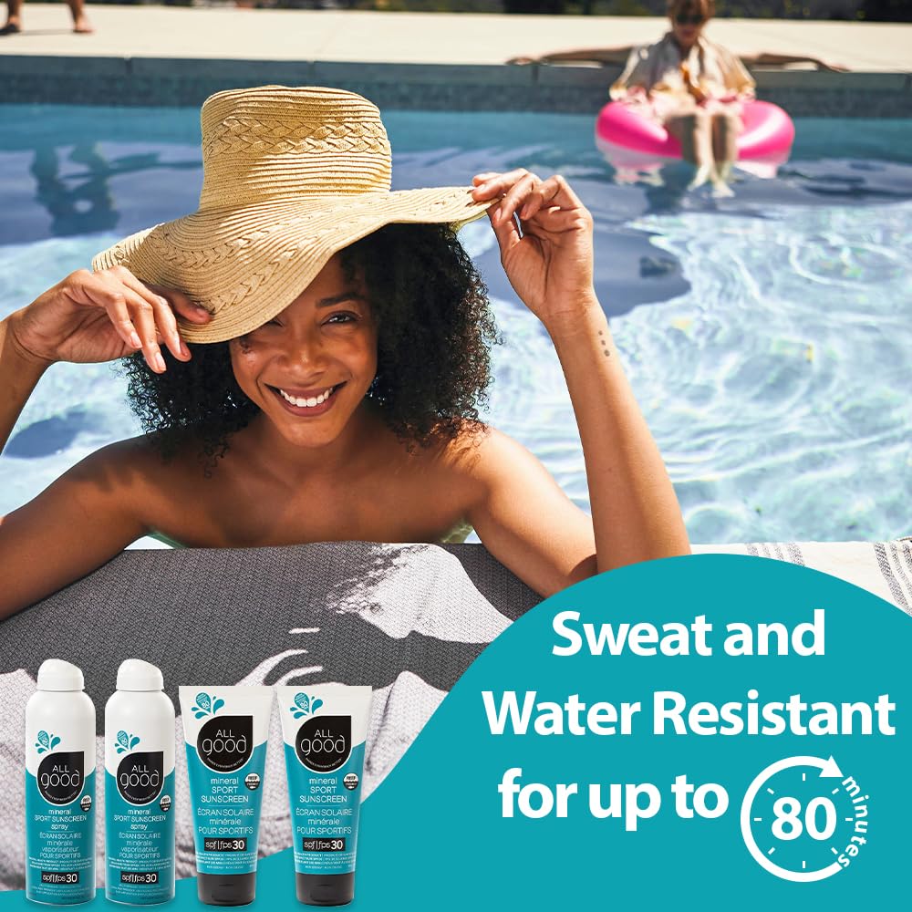 All Good Sport Sunscreen – SPF 30, Reef-Friendly, Water-Resistant (2 Sprays & 2 Lotions)
