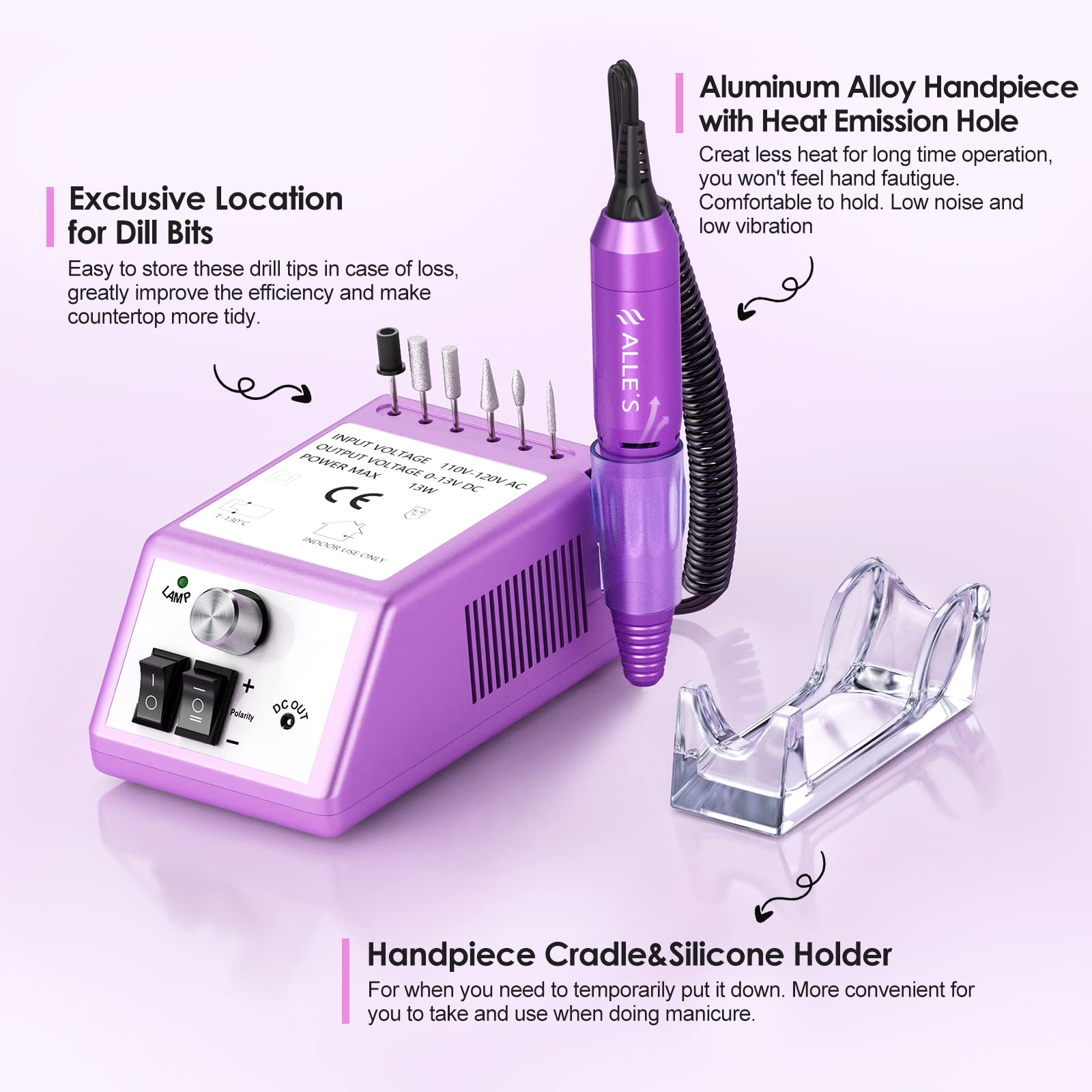 Alle's 20000 RPM Professional Nail Drill Machine – Efile Kit with 6 Bits & 106 Sanding Bands (Purple)