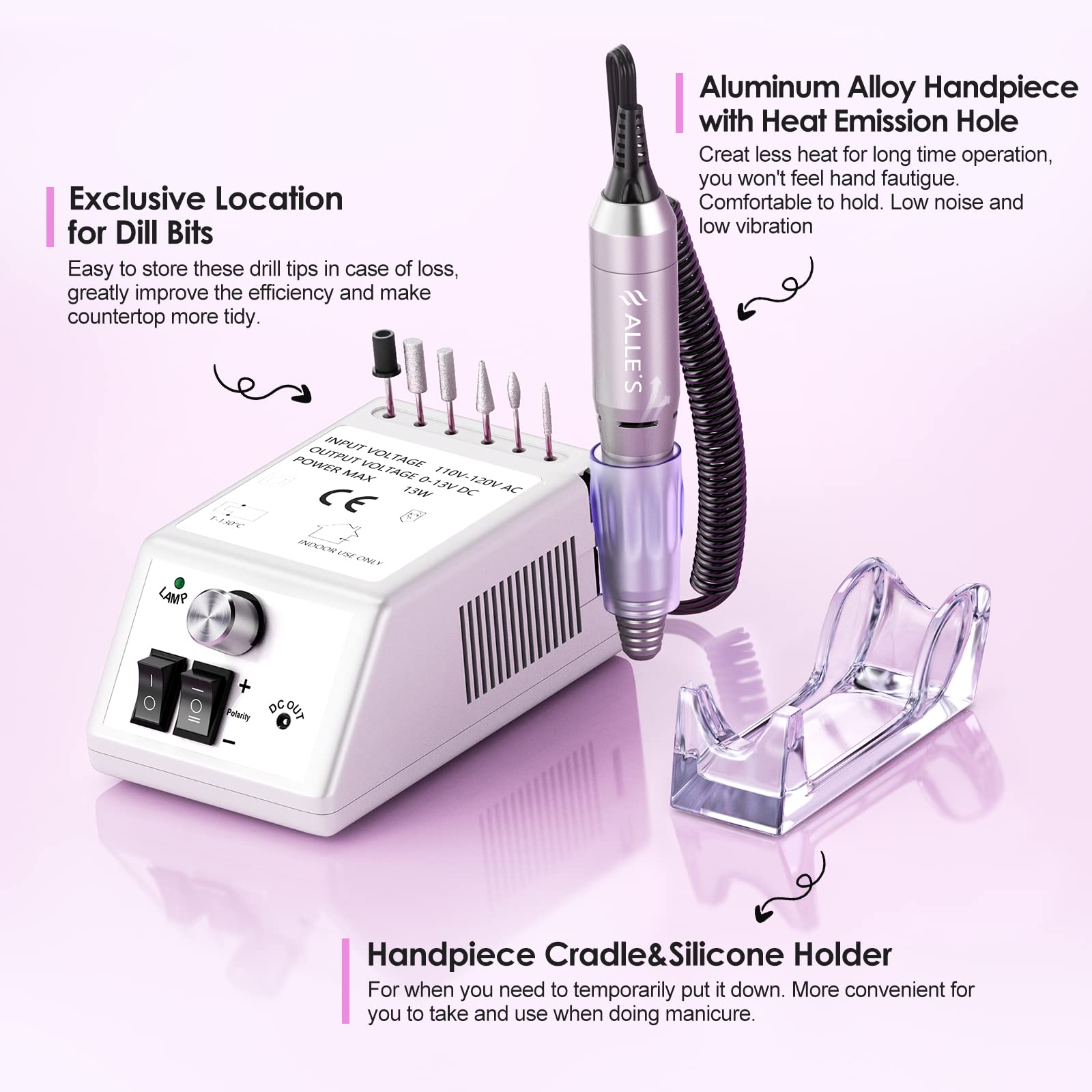 Alle's Professional Nail Drill Machine 20000RPM Efile Kit – 6 Bits, 106 Sanding Bands, White