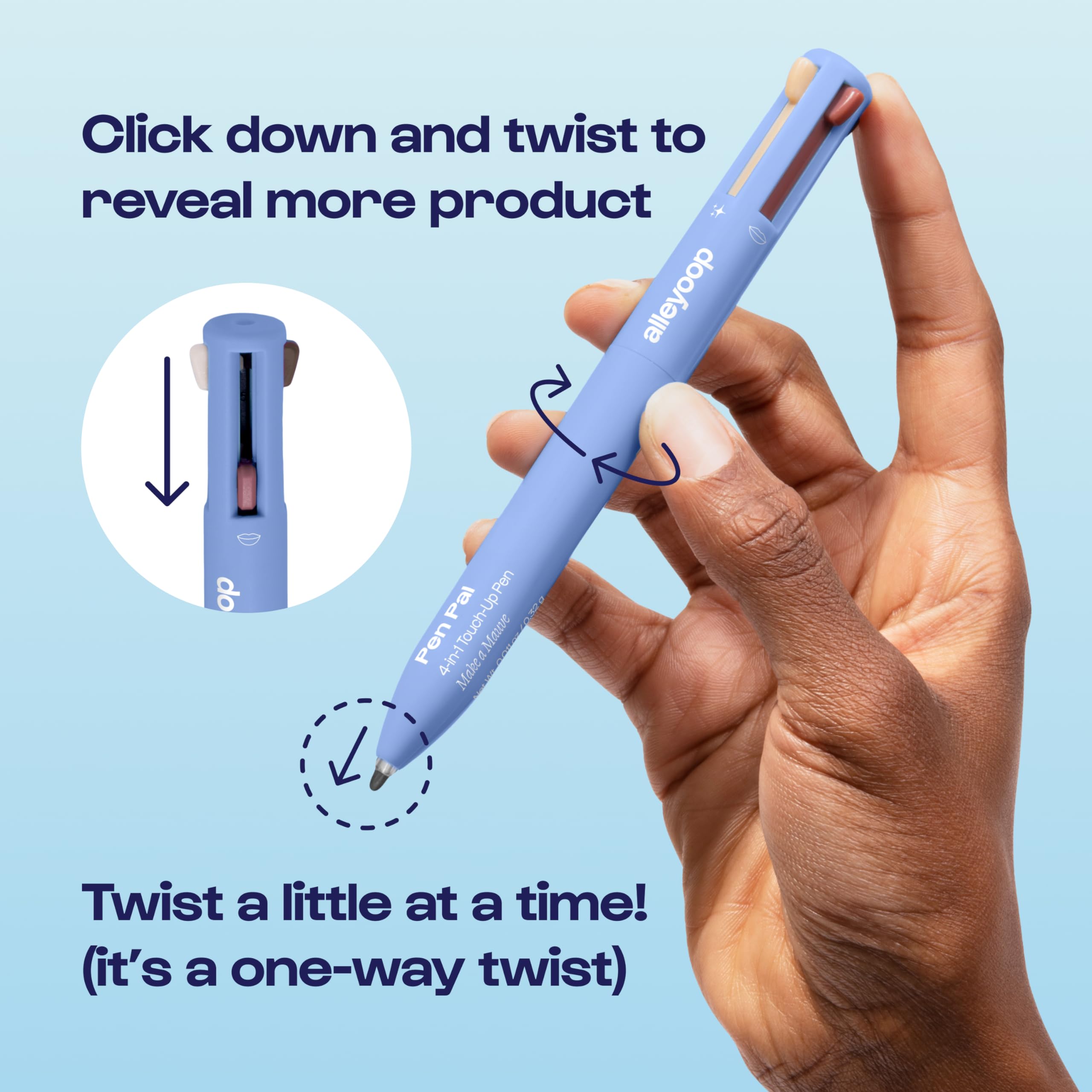ALLEYOOP Pen Pal 4-in-1 Makeup Pen – Eyeliner, Lip Liner, Brow & Highlighter – Travel-Ready