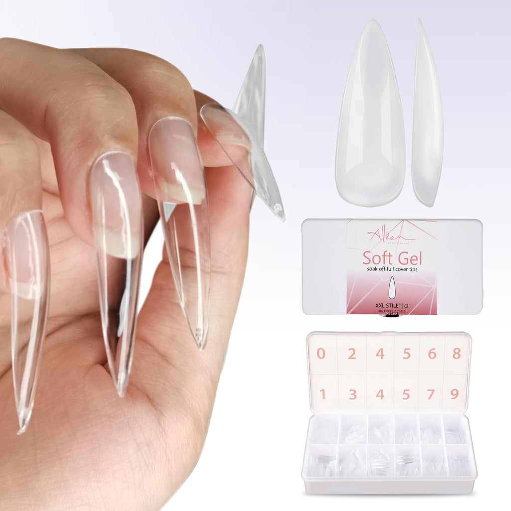 ALLKEM Soft Gel Nail Tips – 360 Pcs XXL Stiletto Extensions Kit, 12 Sizes, Clear