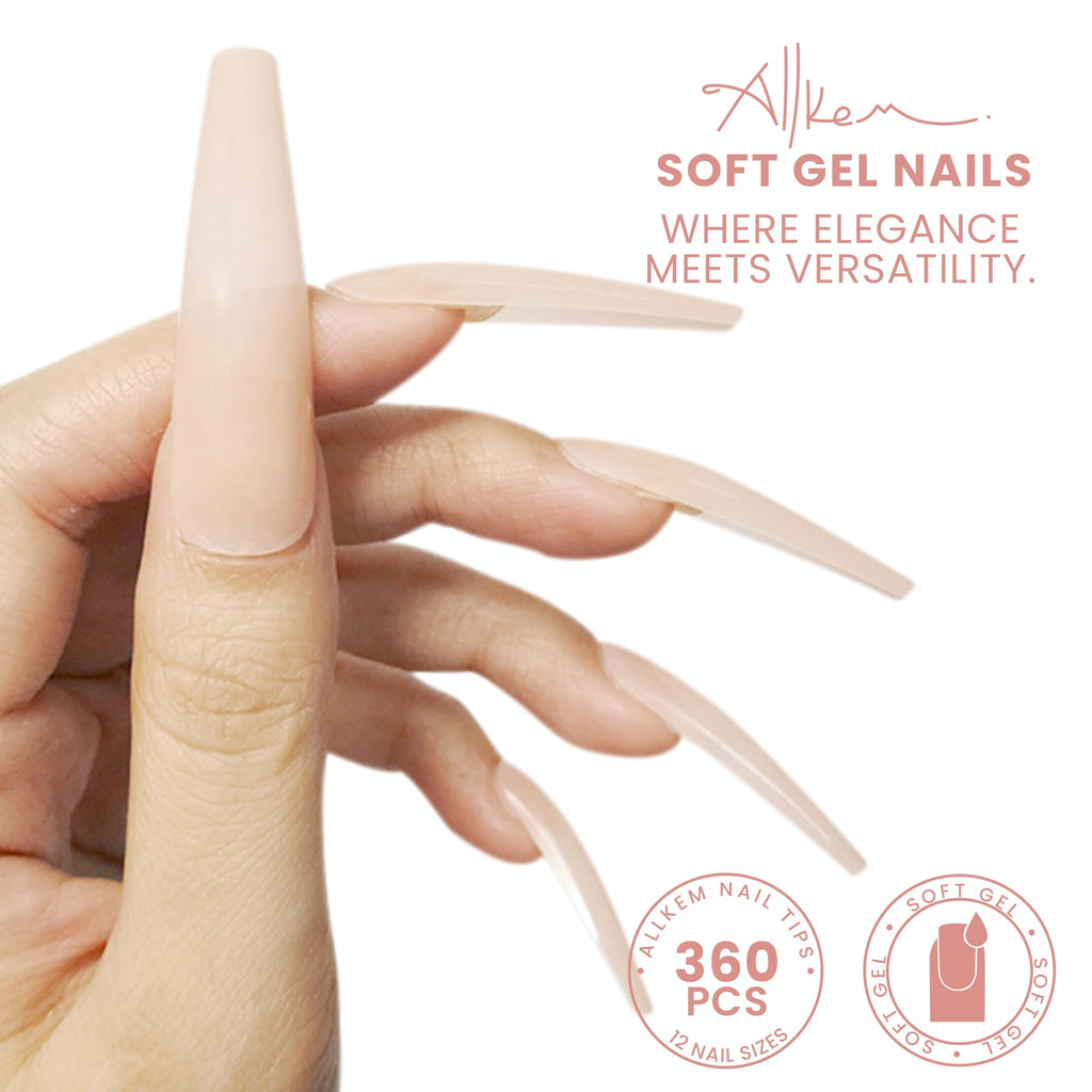 ALLKEM Soft Gel Nail Tips – 360 pcs XXL Ballerina Full Cover Nails Nude (12 Sizes)