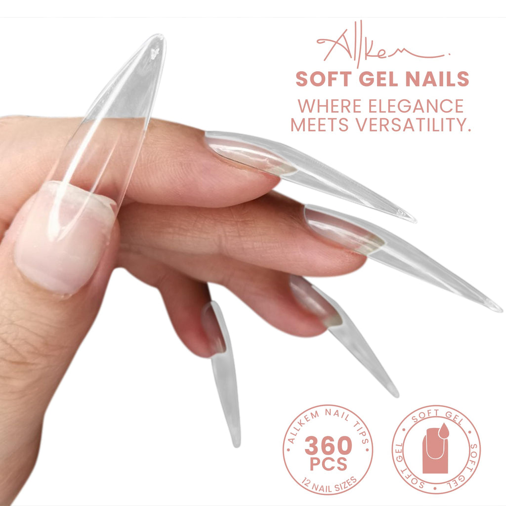 ALLKEM Soft Gel Nail Tips – 360 Pcs XXL Stiletto Extensions Kit, 12 Sizes, Clear