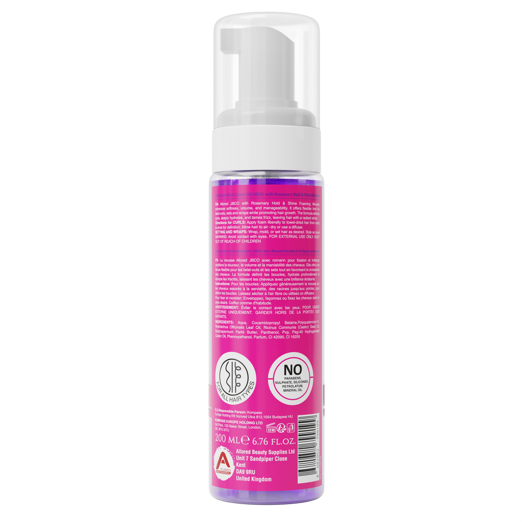 Allored Professional Jamaican Black Castor Oil & Rosemary Foaming Mousse with Lightweight Hold for Curly, Coily & Wavy Hair 200 ml/6.8 oz