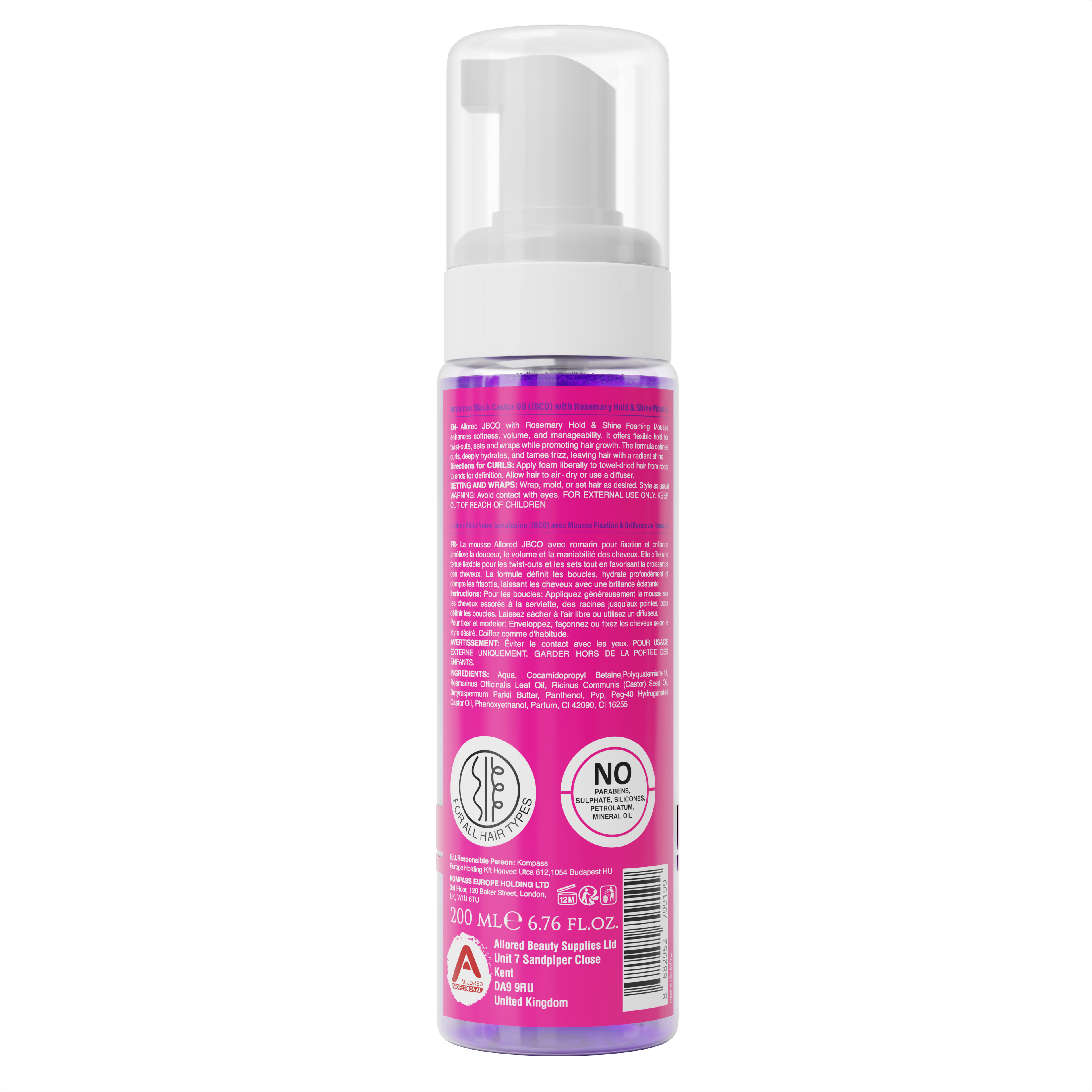 Allored Professional Jamaican Black Castor Oil & Rosemary Foaming Mousse with Lightweight Hold for Curly, Coily & Wavy Hair 200 ml/6.8 oz