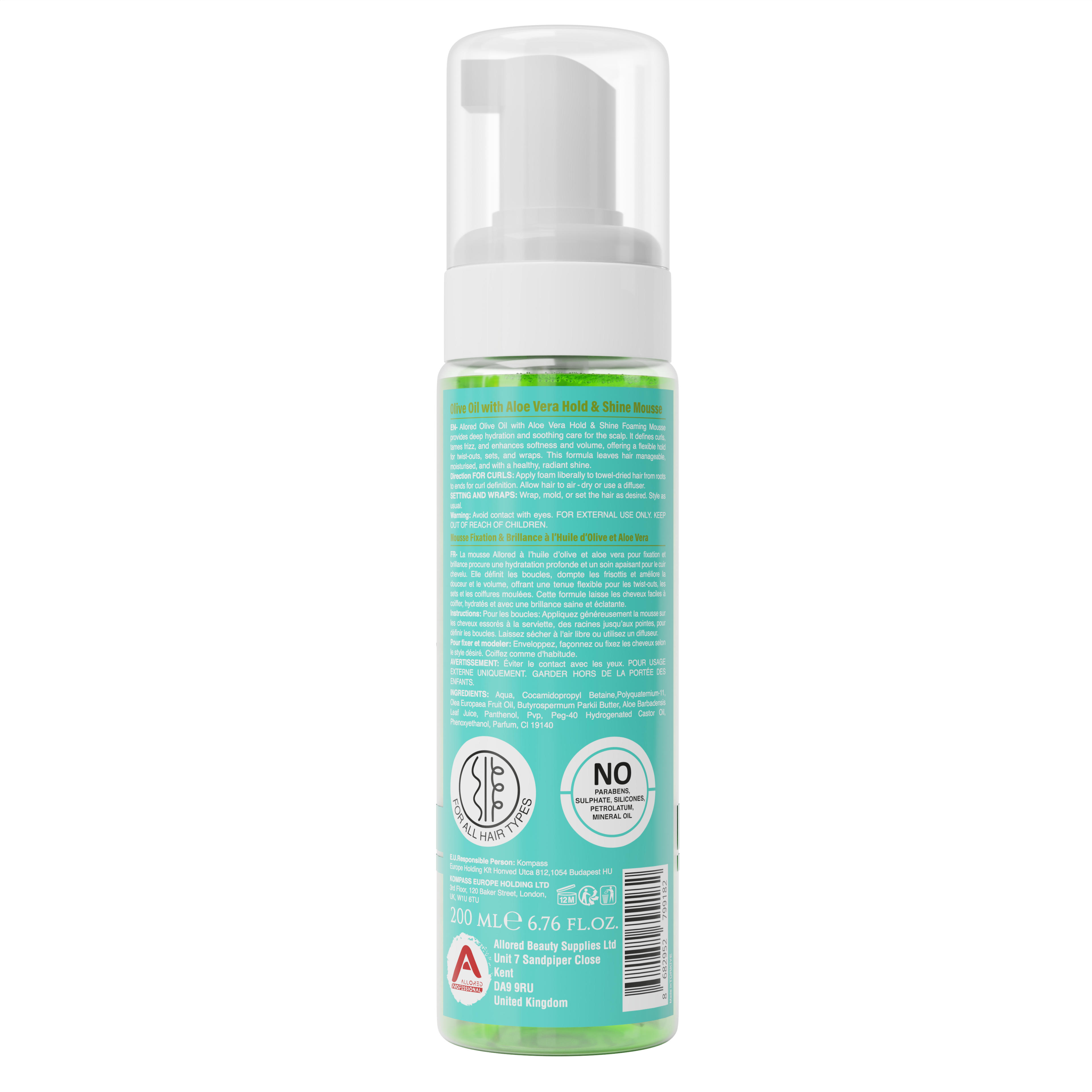 Allored Professional Olive Oil & Aloe Vera Foaming Mousse for Curly, Coily & Wavy Hair 200 ml/6.8 oz