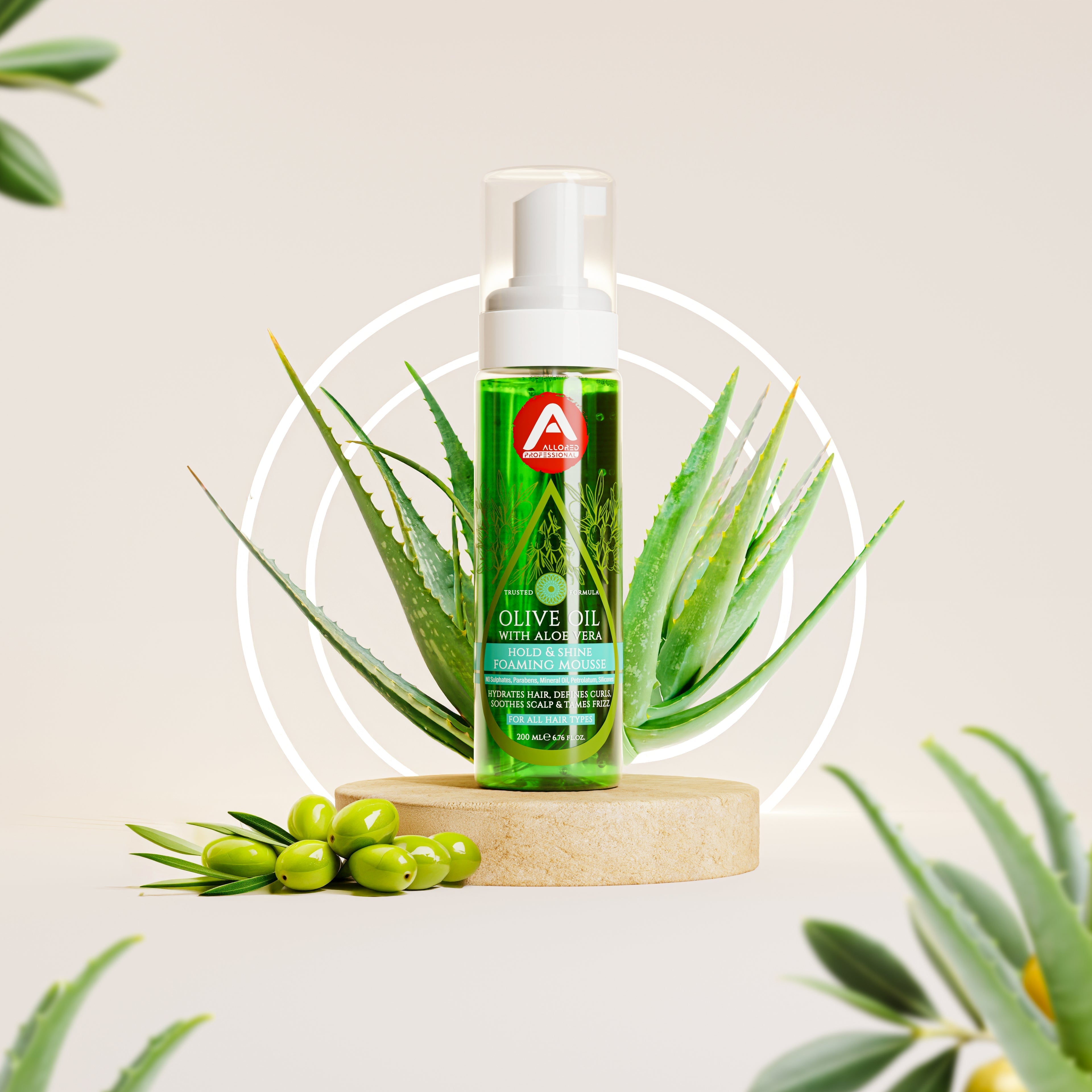 Allored Professional Olive Oil & Aloe Vera Foaming Mousse for Curly, Coily & Wavy Hair 200 ml/6.8 oz