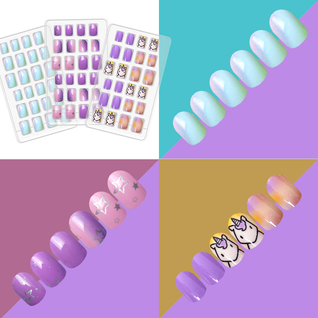 Allstarry 120pcs 5-Pack Kids Press-On Nails – Pre-glue Full-Cover Unicorn Purple Glitter
