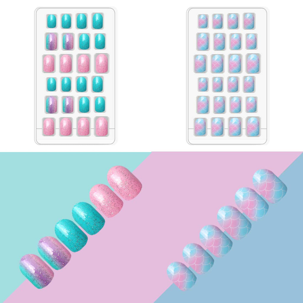 Allstarry 120pcs 5-Pack Kids Press-On Nails – Pre-glue Full-Cover Unicorn Purple Glitter