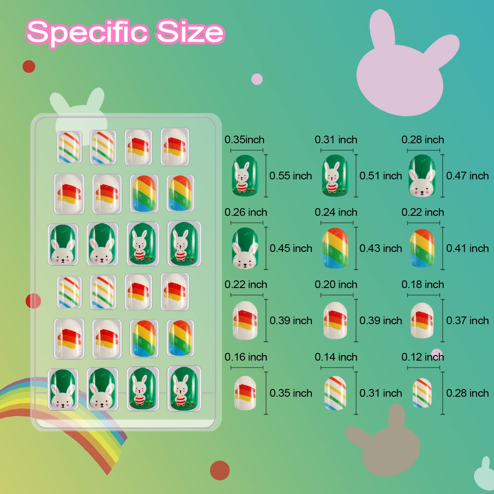 Allstarry 120pcs Kids Press-On Nails – 5-Pack Glitter Rainbow Short Full-Cover Nail Kit