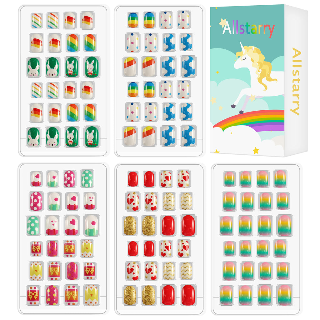 Allstarry 120pcs Kids Press-On Nails – 5-Pack Glitter Rainbow Short Full-Cover Nail Kit