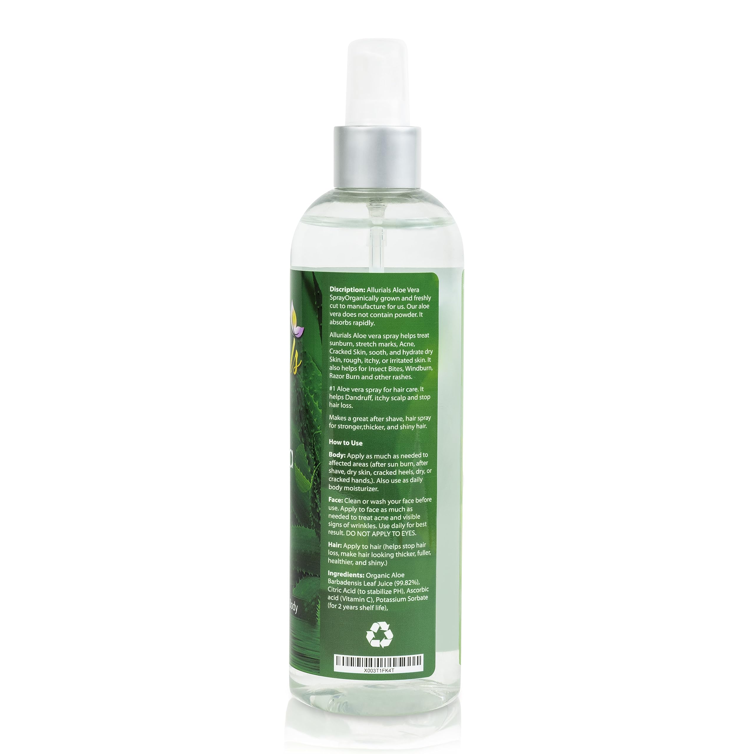 Allurials 99.75% Pure Organic Aloe Vera Spray – Clinically Tested, Dermatologist Approved (12 oz)
