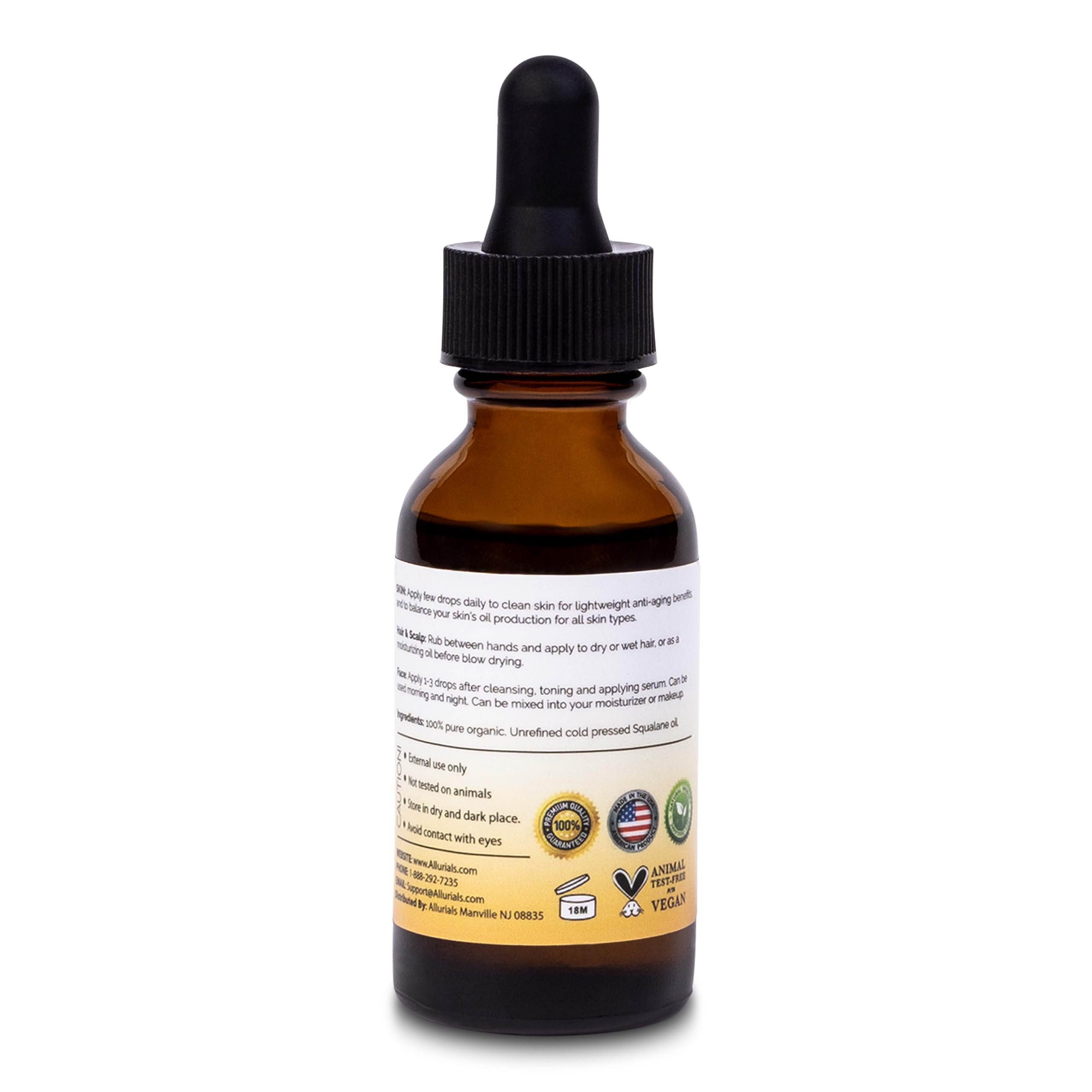 Allurials 100% Organic Squalane Oil – Plant-Based Face, Hair & Body