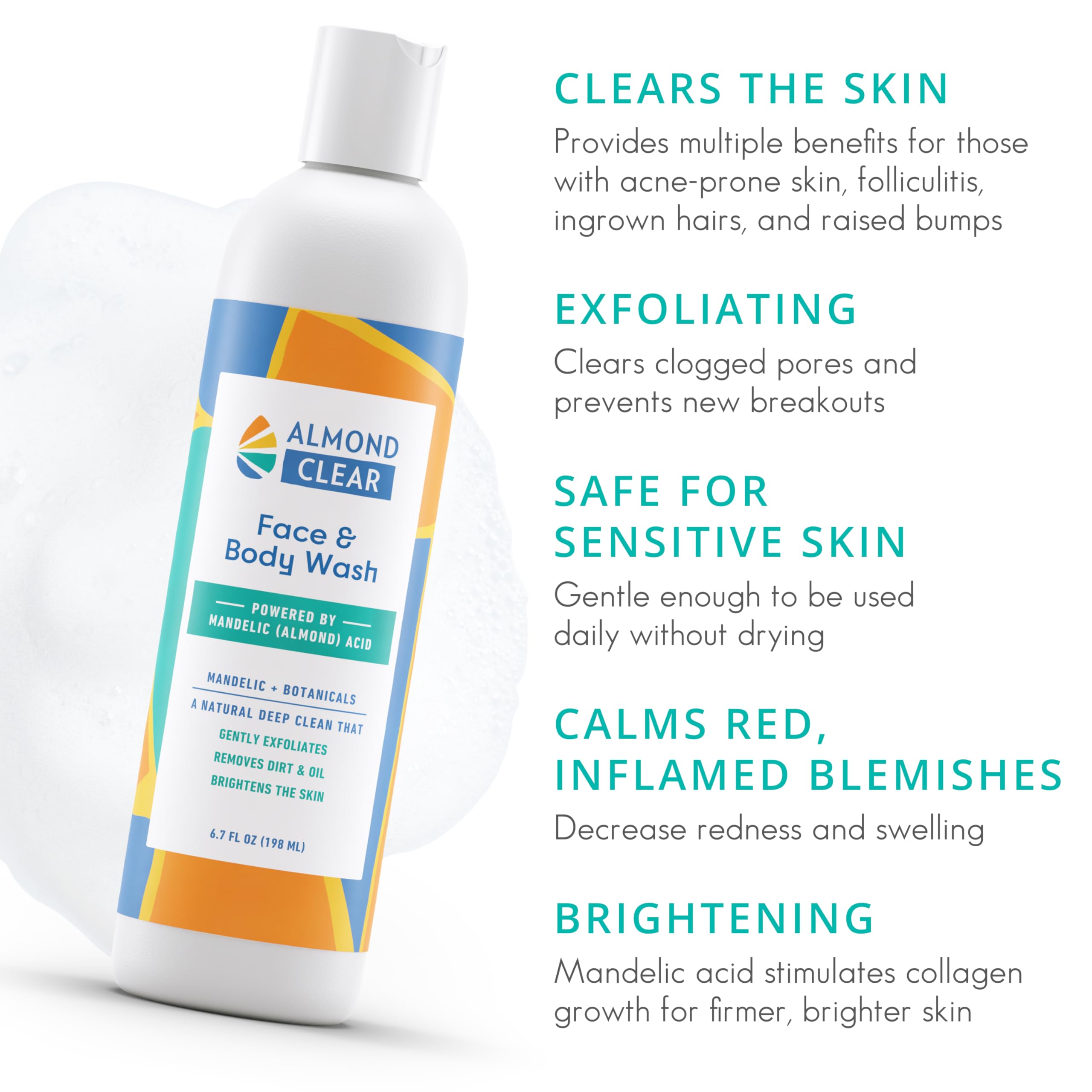 Almond Clear Face & Body Wash – Gentle Mandelic Acid Cleanser for Acne & Folliculitis, 17.25 oz
