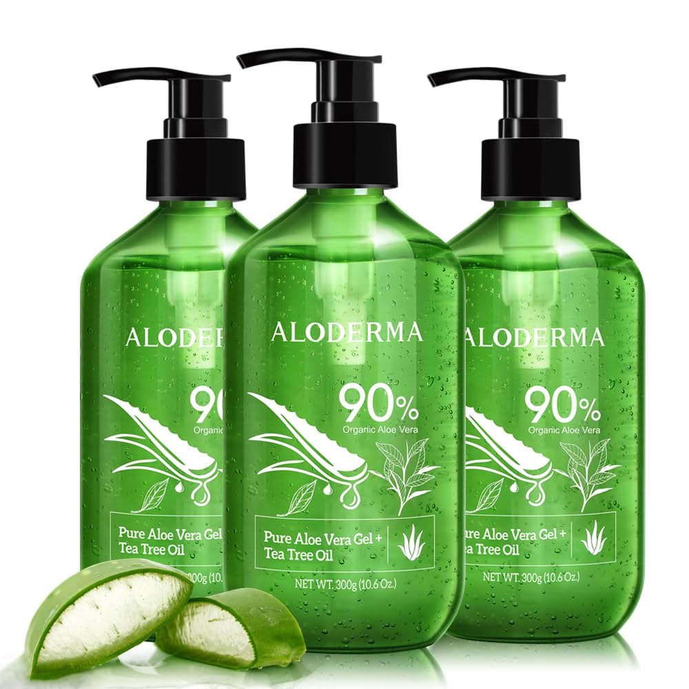 Aloderma Aloe Vera Gel + Tea Tree Oil — 3 x 10.6 oz Organic Aloe for Skin, Hair, Face & Aftershave