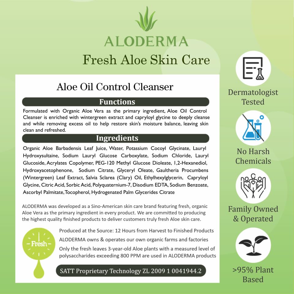Aloderma Oil Controlling Facial Cleanser – Organic Aloe Vera, Wintergreen & Sage, 3.5oz