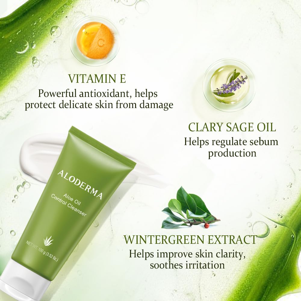 Aloderma Oil Controlling Facial Cleanser – Organic Aloe Vera, Wintergreen & Sage, 3.5oz