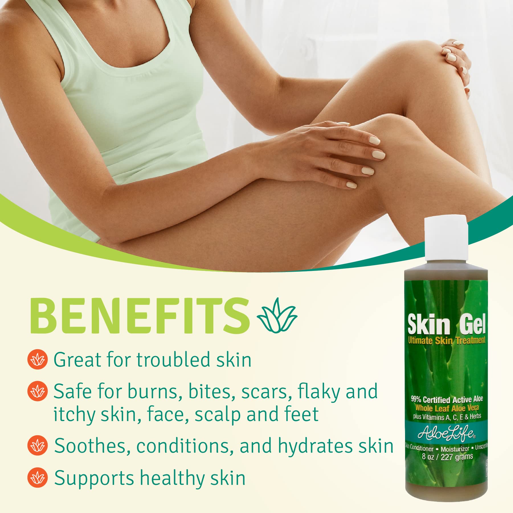 Aloe Life Skin Gel & Herbs – 99% Organic Whole Leaf Aloe Vera, Fragrance-Free 8 oz