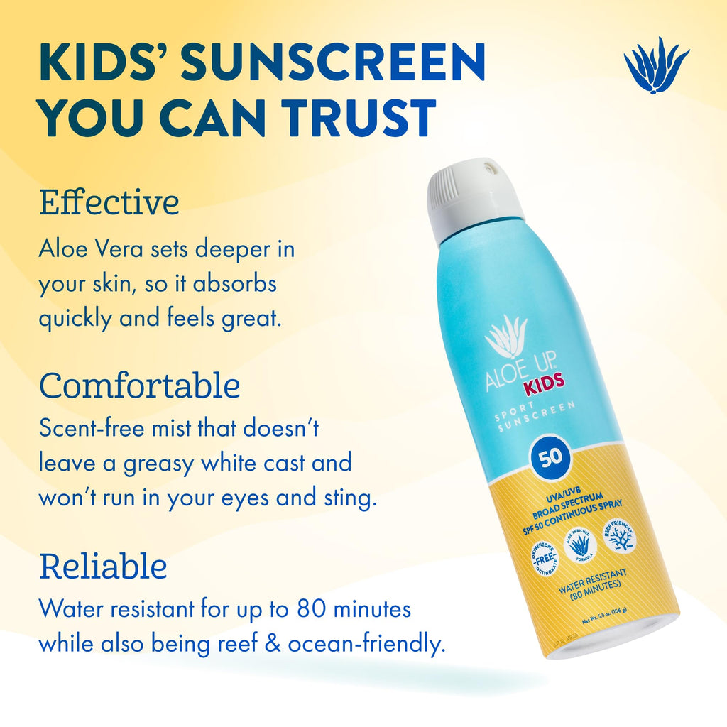 ALOE UP Kids SPF 50 Continuous Sport Sunscreen Spray – Broad Spectrum, Fragrance-Free, Reef-Safe