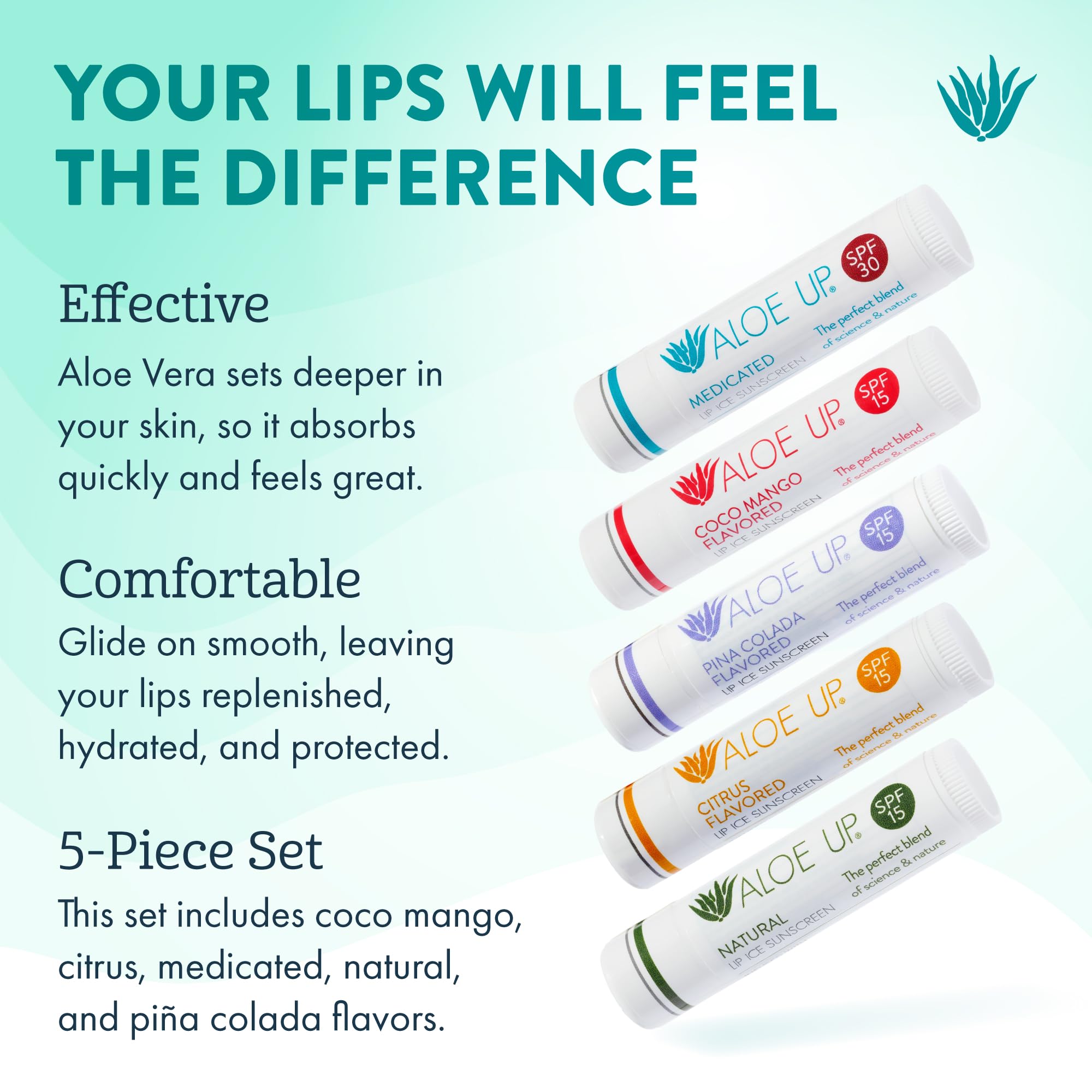 Aloe Up Lip Ice 5-Pack – SPF 15 & SPF 30 Medicated Balms | Alcohol-Free Hydration