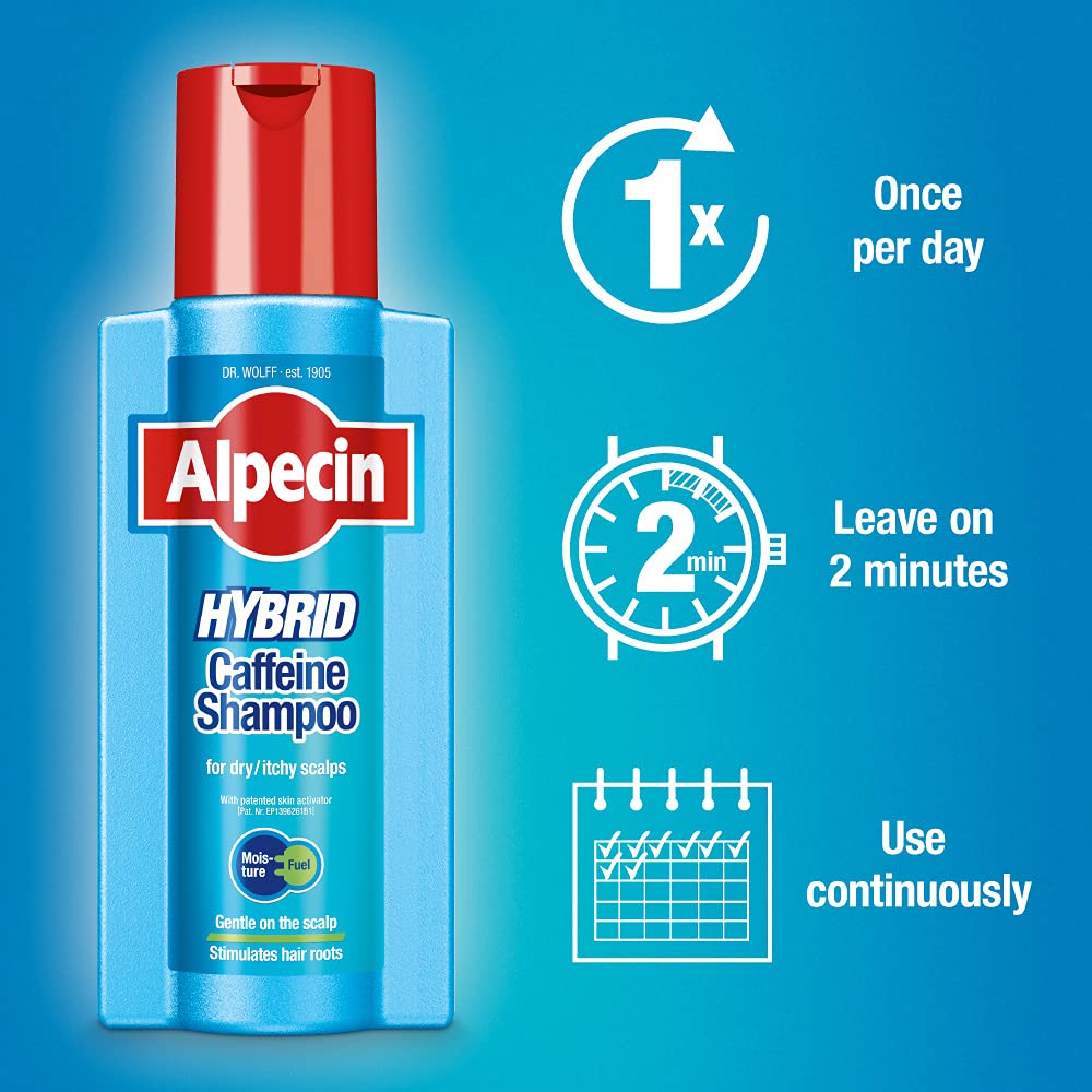 Alpecin Hybrid Caffeine Shampoo for Men – Moisturizing for Sensitive Scalps, Thicker-Looking Hair, 8.45 fl oz