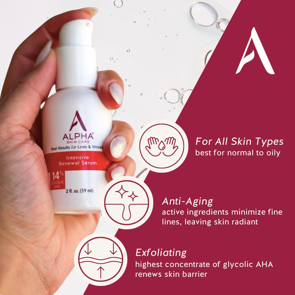 Alpha Skin Care Renewal Serum – 14% Glycolic AHA, Anti-Aging Formula, Exfoliating & Hydrating, 2 oz (Pack of 2)