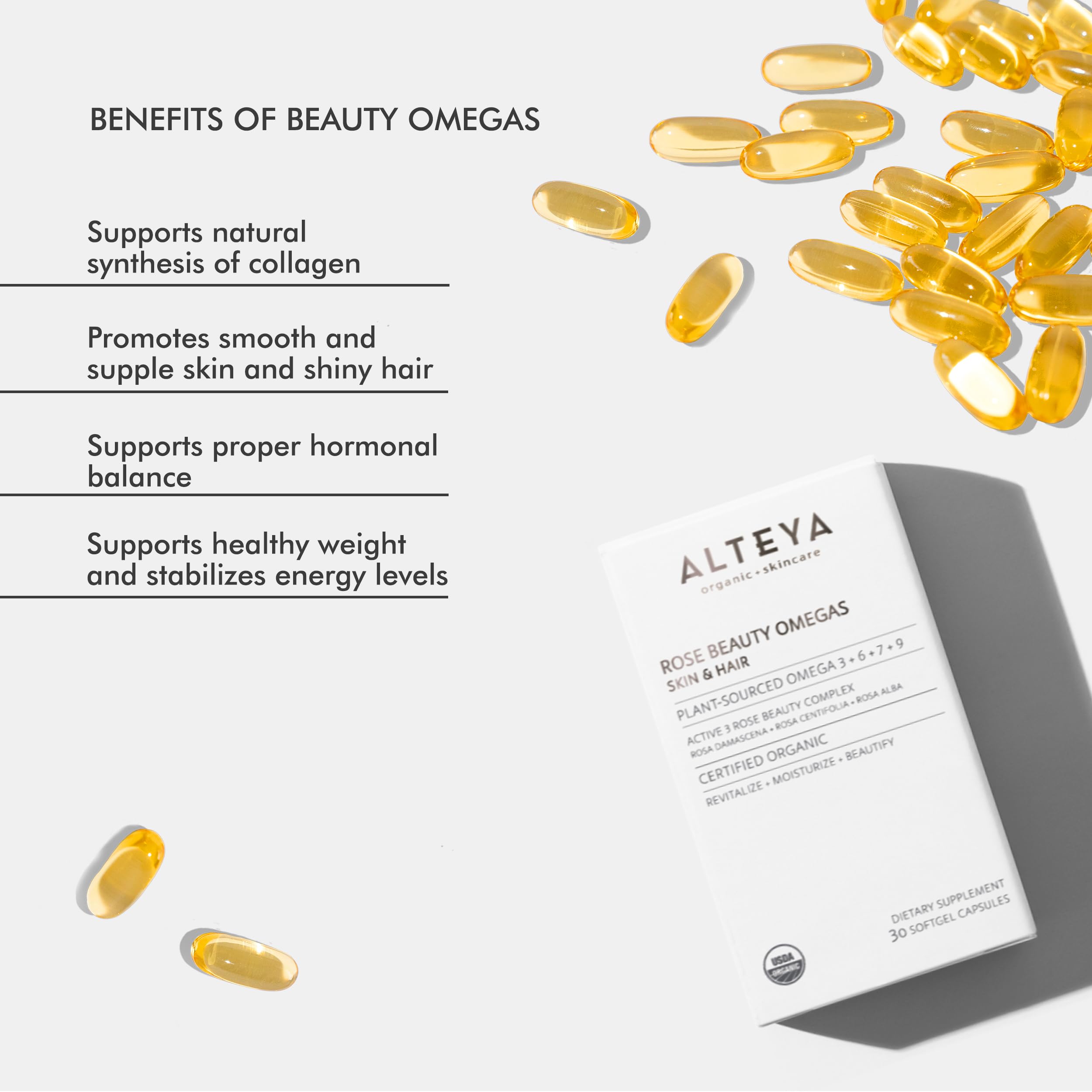Alteya Organics Beauty Omega 3,6,7 & 9 with Rose Otto Extracts | Radiant Skin, Fuller Hair, Strong Nails