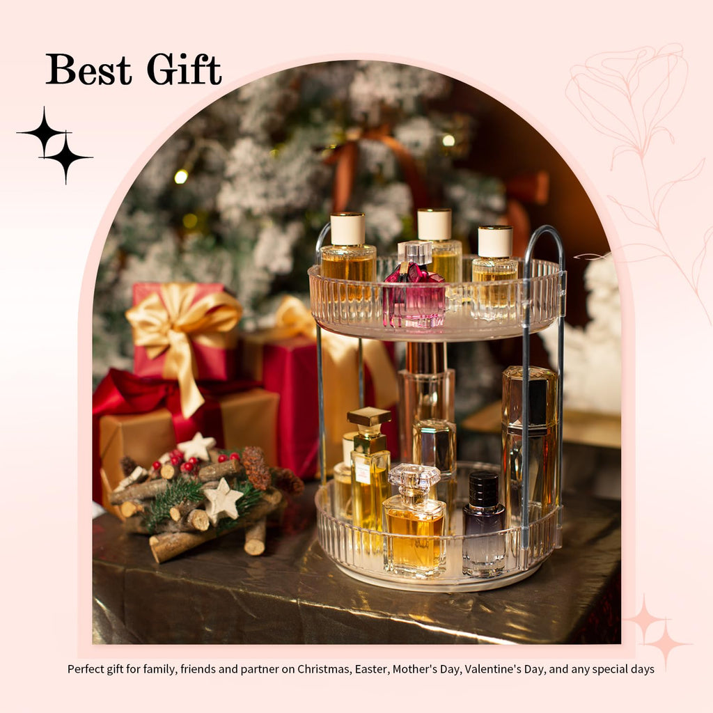 ALUYUYO Rotating Makeup Organizer — 360° Spinner, 2-Tier Transparent Vanity Storage