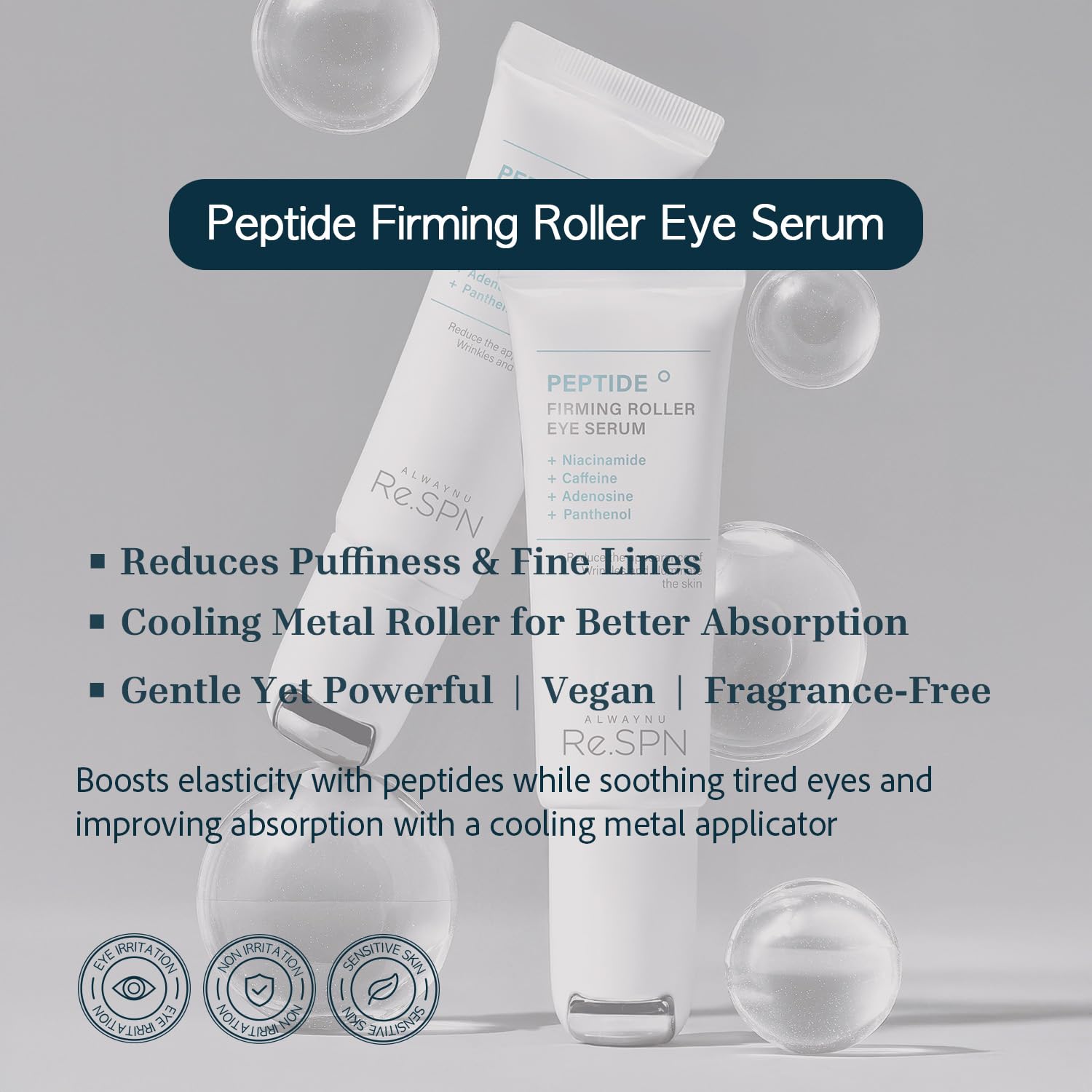 AlwayNu Re.SPN Peptide Firming Roller Eye Serum with Cooling Gua Sha – Niacinamide, Vegan K-Beauty (0.67 fl oz)
