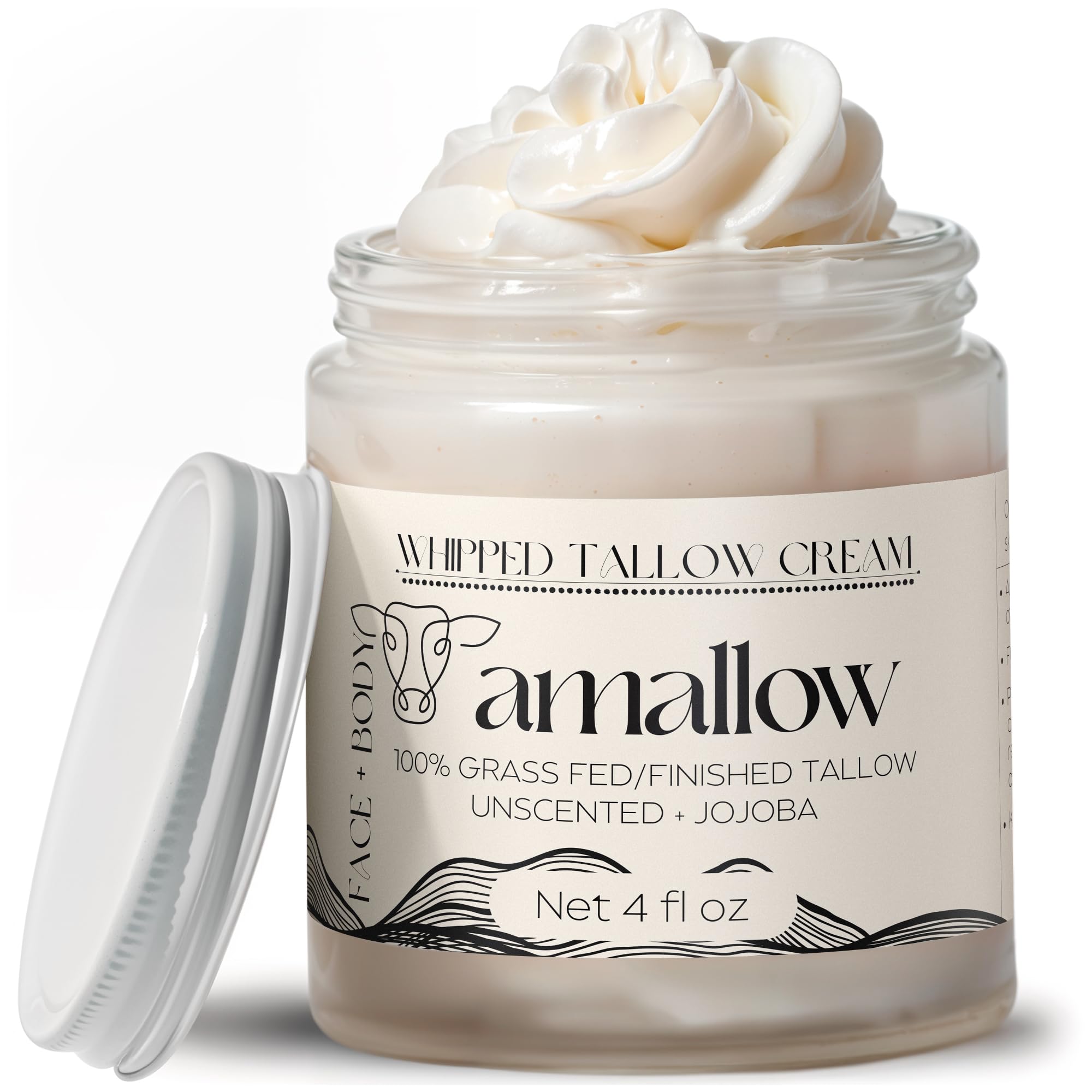 Amallow 100% Grass-Fed Beef Tallow Whipped Moisturizer – Unscented with Jojoba Oil (4 fl oz)